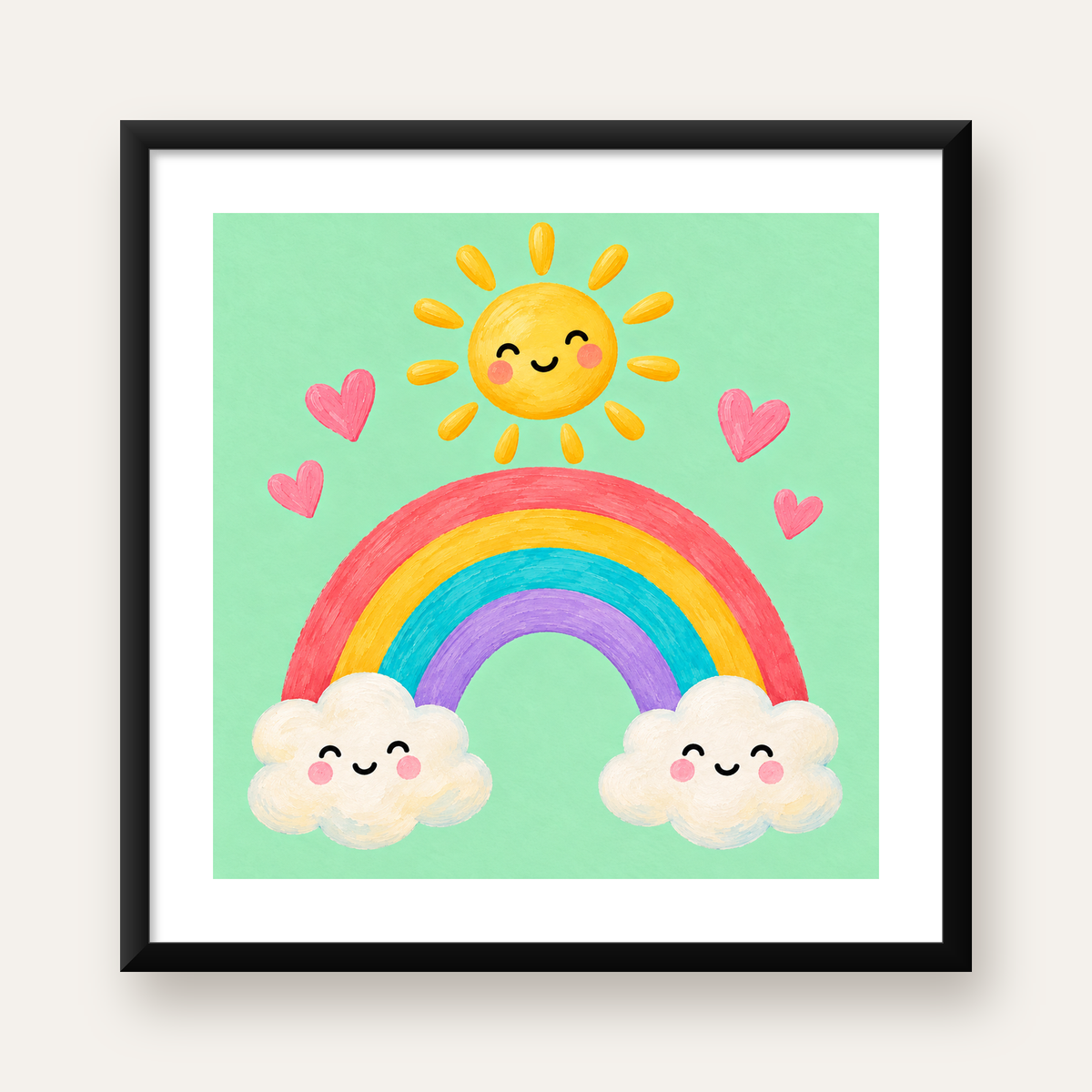 Sevimli Gökkuşağı ve Güneş Poster – Pastel Çocuk Odası Tablosu — Kare baskı, beyaz paspartulu