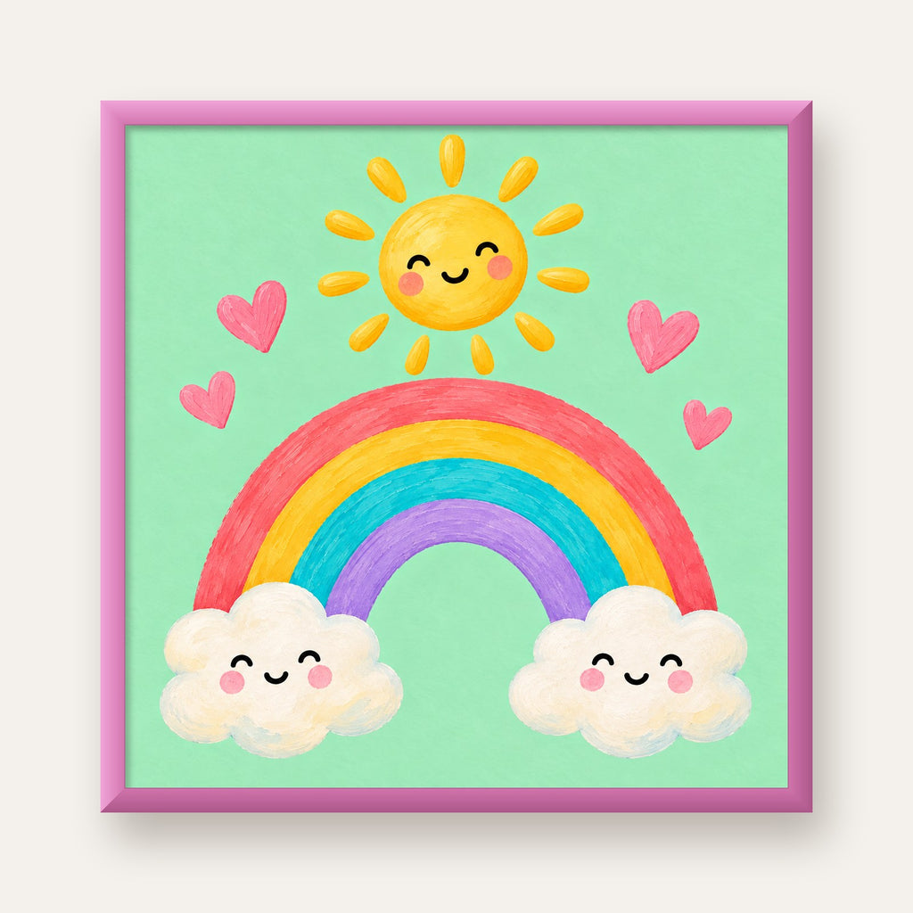 Sevimli Gökkuşağı ve Güneş Poster – Pastel Çocuk Odası Tablosu — pembe çerçeveli