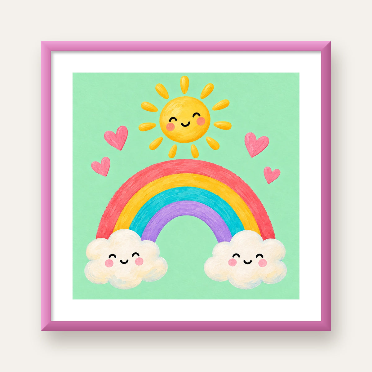 Sevimli Gökkuşağı ve Güneş Poster – Pastel Çocuk Odası Tablosu — pembe çerçeveli paspartulu