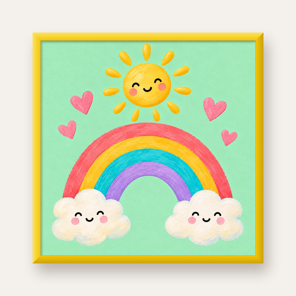 Sevimli Gökkuşağı ve Güneş Poster – Pastel Çocuk Odası Tablosu — sarı çerçeveli