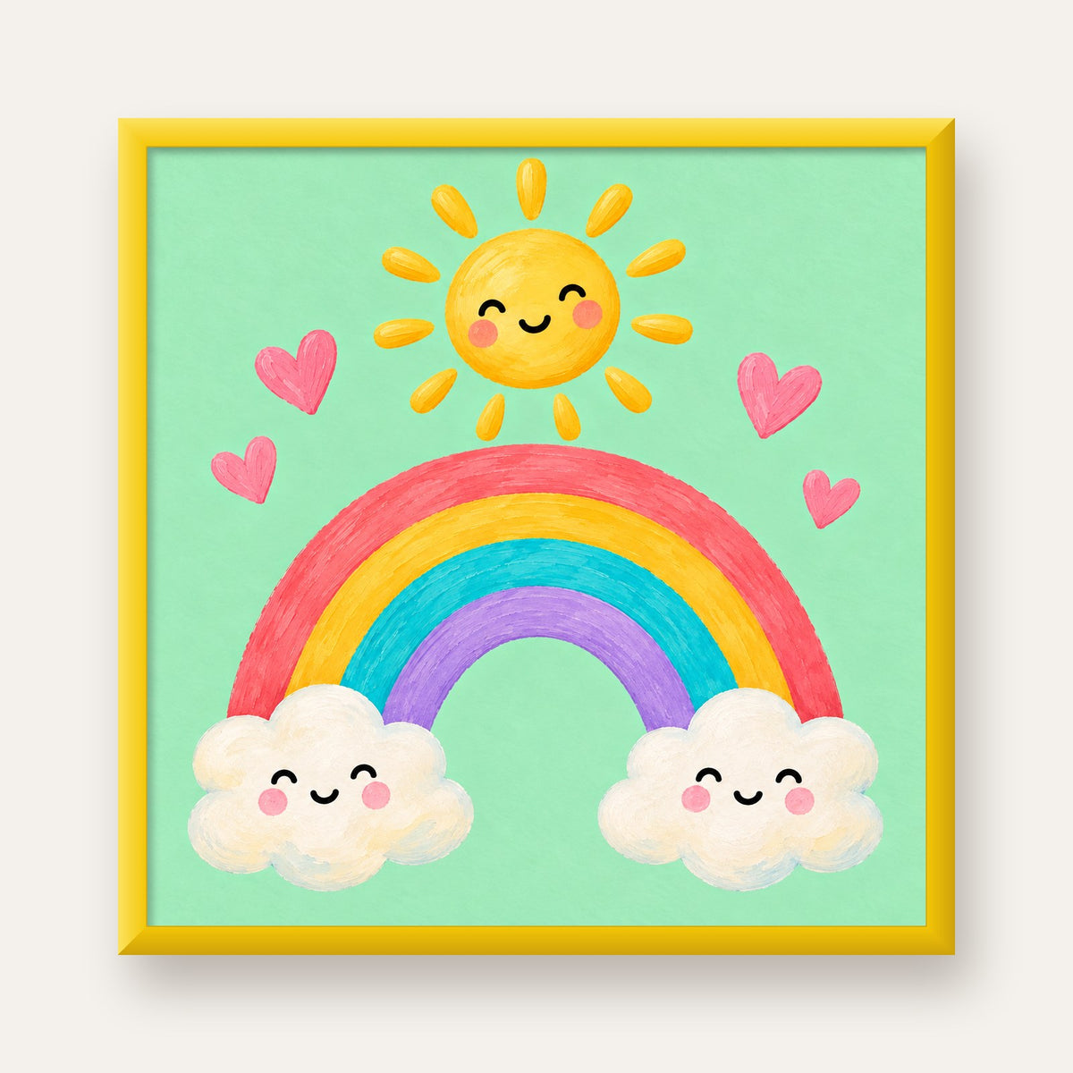 Sevimli Gökkuşağı ve Güneş Poster – Pastel Çocuk Odası Tablosu — sarı çerçeveli