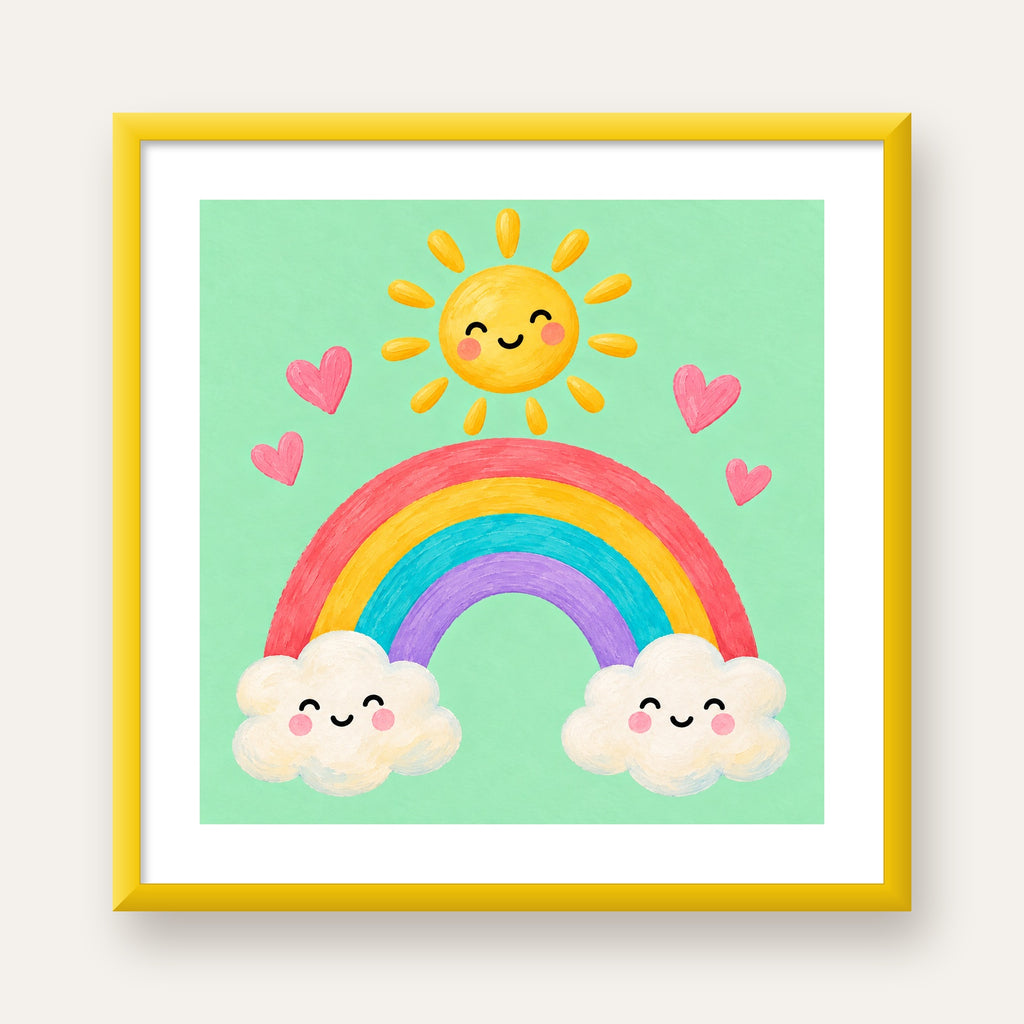 Sevimli Gökkuşağı ve Güneş Poster – Pastel Çocuk Odası Tablosu — sarı çerçeveli paspartulu