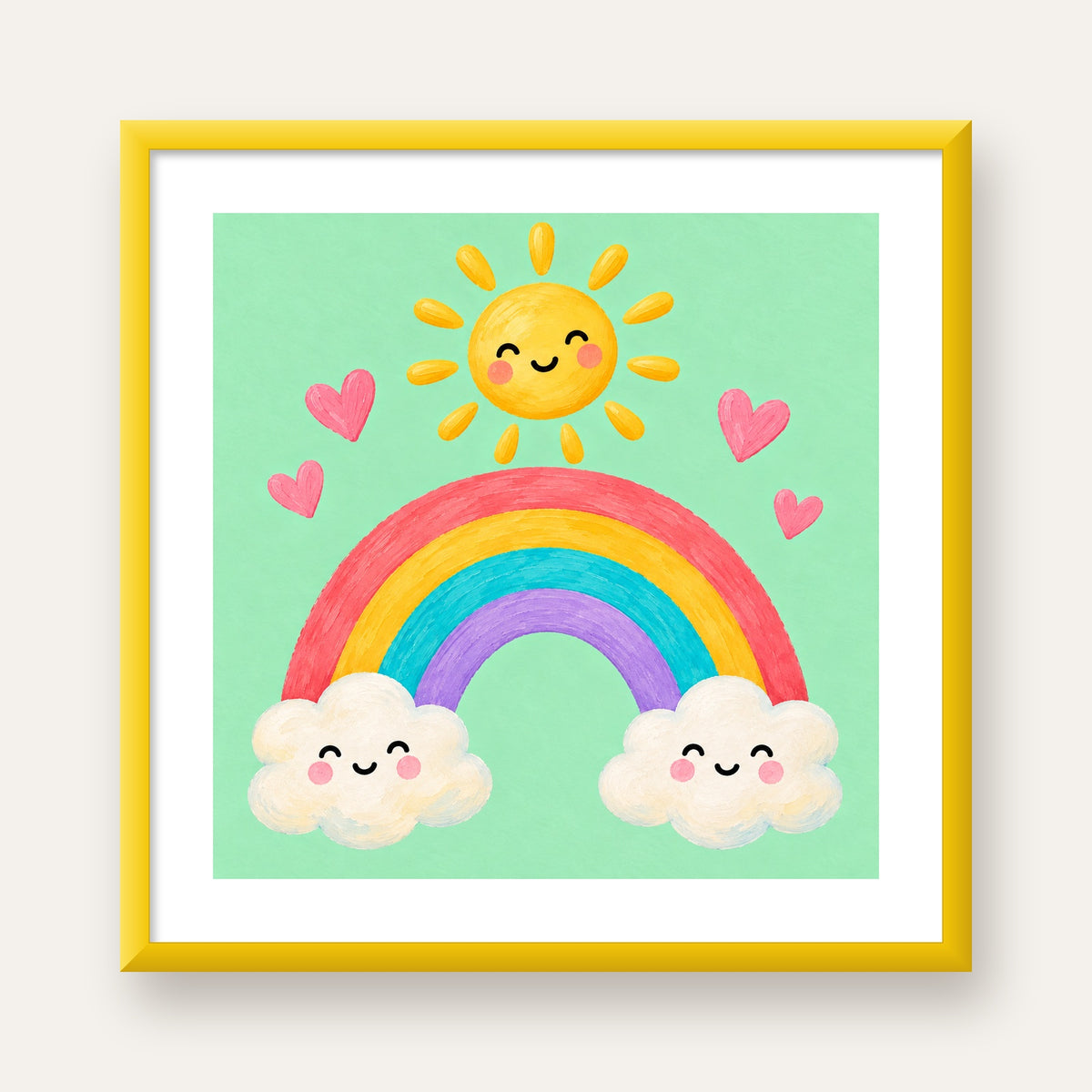 Sevimli Gökkuşağı ve Güneş Poster – Pastel Çocuk Odası Tablosu — sarı çerçeveli paspartulu