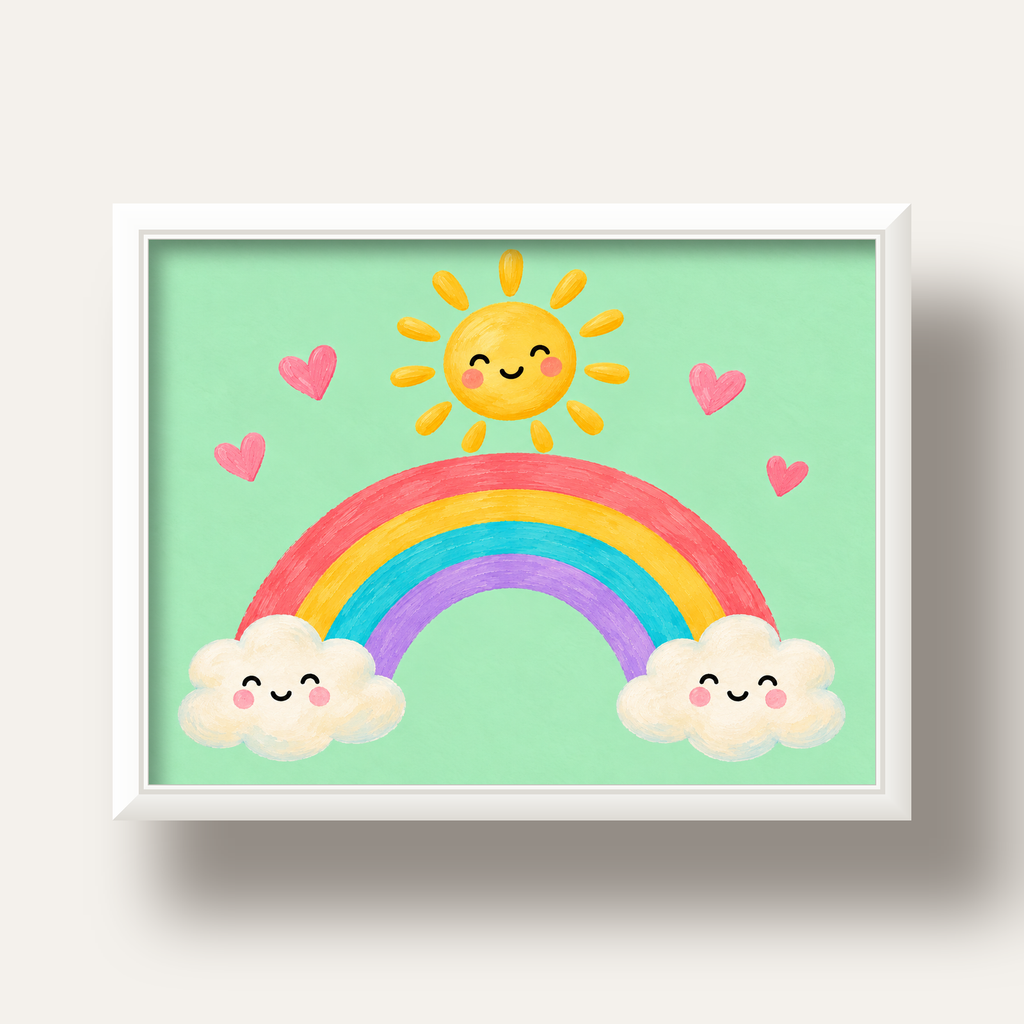 Sevimli Gökkuşağı ve Güneş Poster – Pastel Çocuk Odası Tablosu — beyaz derin çerçeveli