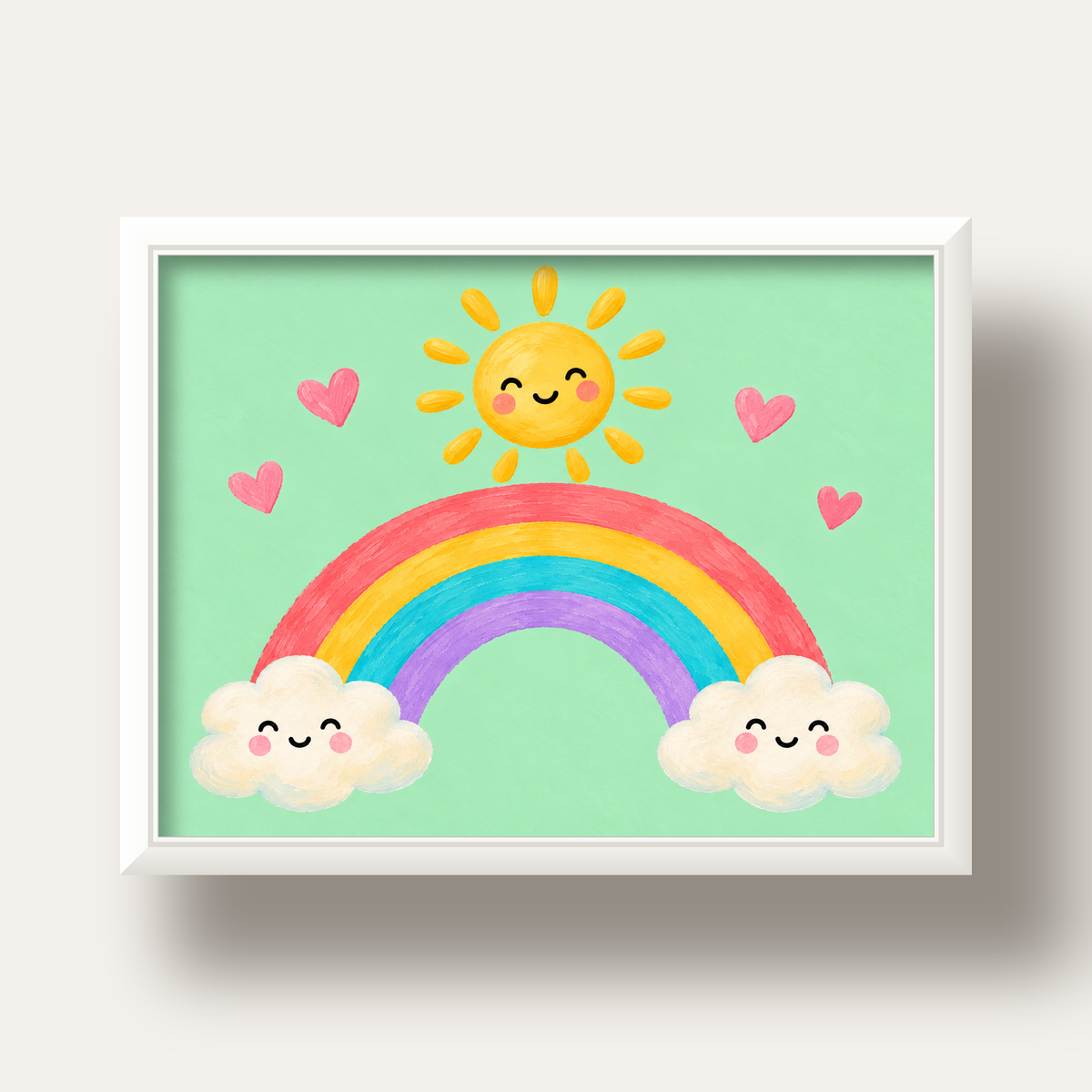 Sevimli Gökkuşağı ve Güneş Poster – Pastel Çocuk Odası Tablosu — beyaz derin çerçeveli
