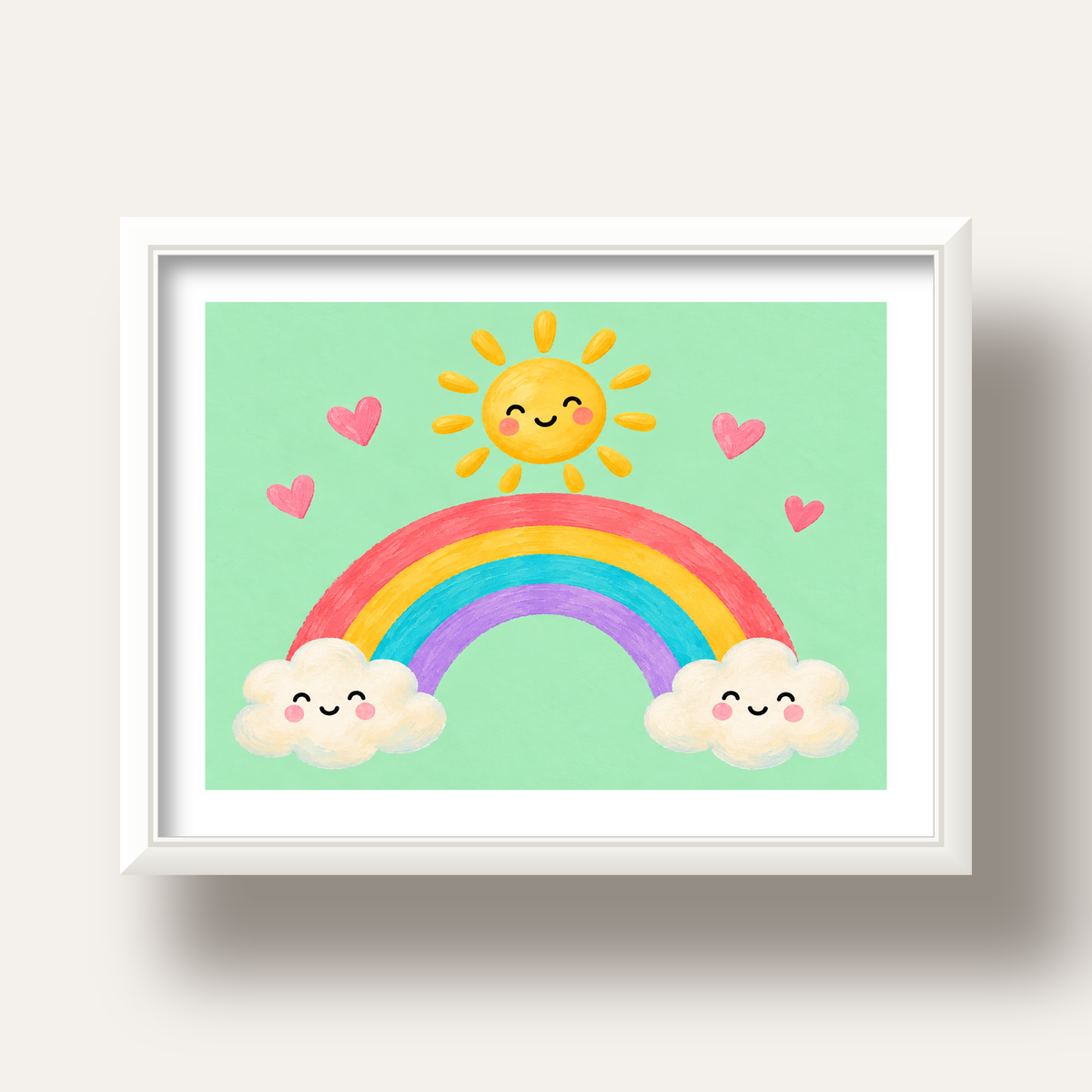 Sevimli Gökkuşağı ve Güneş Poster – Pastel Çocuk Odası Tablosu — beyaz derin çerçeveli paspartulu