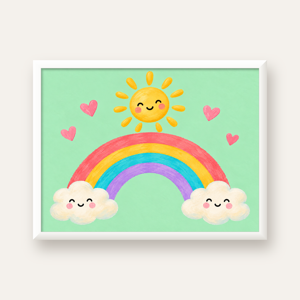 Sevimli Gökkuşağı ve Güneş Poster – Pastel Çocuk Odası Tablosu — beyaz çerçeveli yatay poster