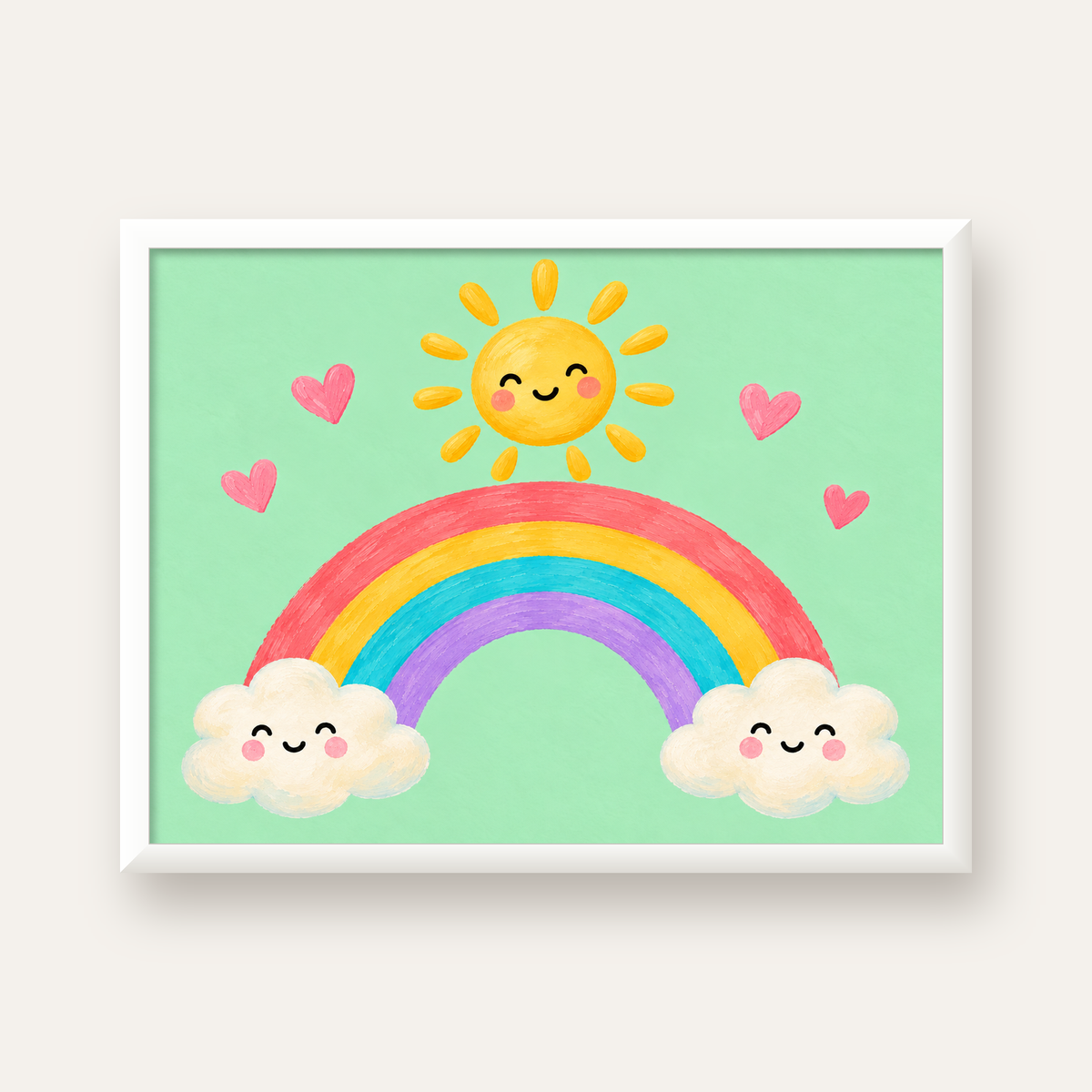 Sevimli Gökkuşağı ve Güneş Poster – Pastel Çocuk Odası Tablosu — beyaz çerçeveli yatay poster
