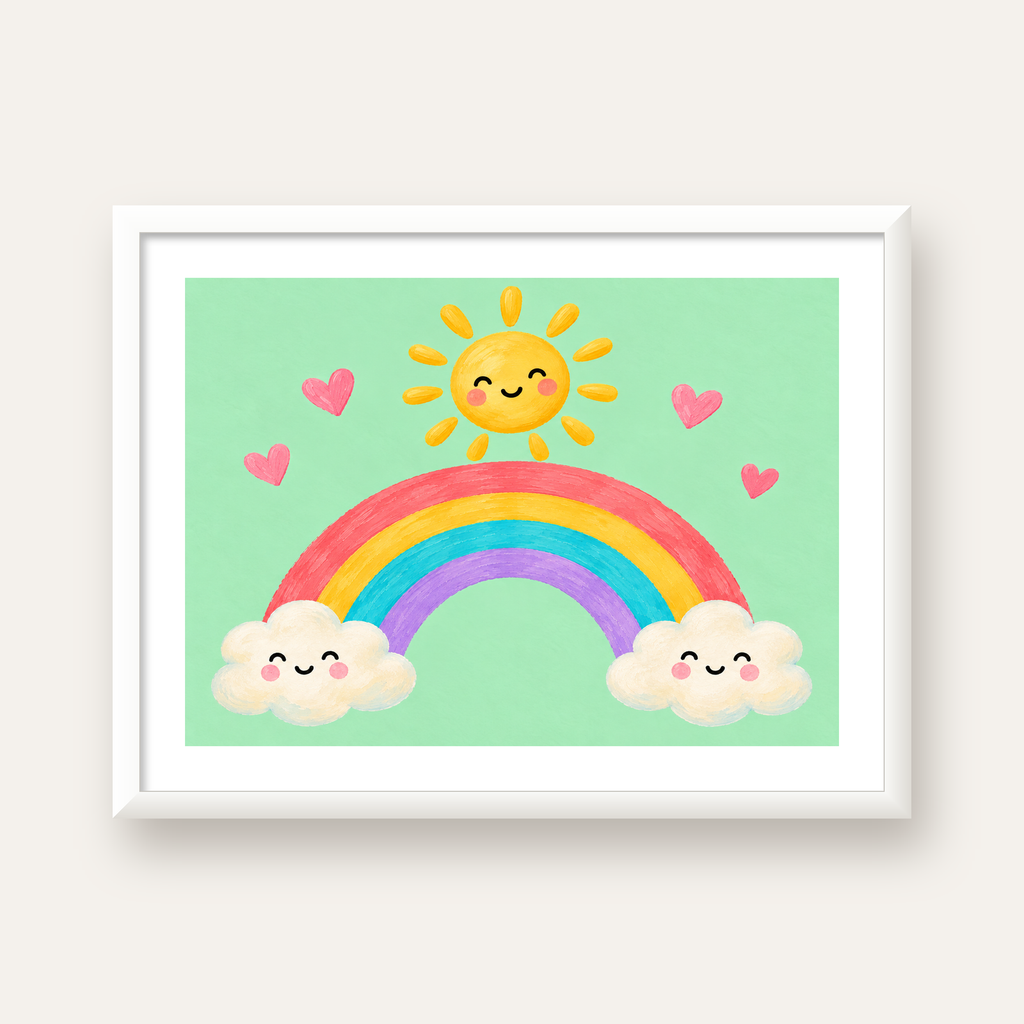 Sevimli Gökkuşağı ve Güneş Poster – Pastel Çocuk Odası Tablosu — beyaz çerçeveli yatay poster