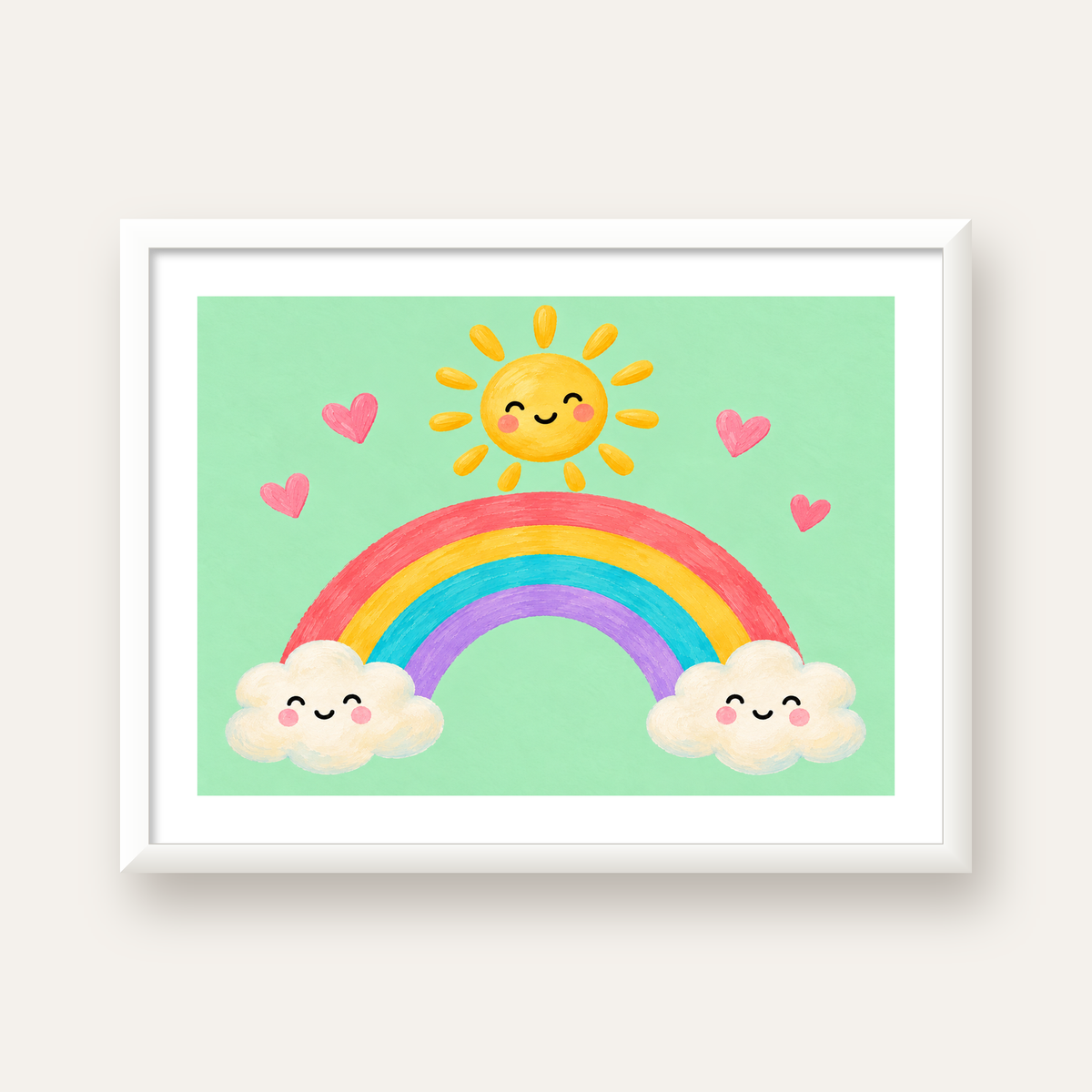 Sevimli Gökkuşağı ve Güneş Poster – Pastel Çocuk Odası Tablosu — beyaz çerçeveli yatay poster