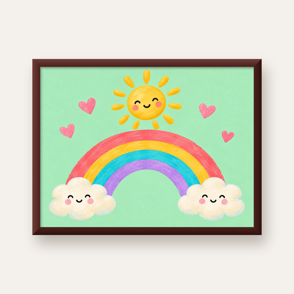 Sevimli Gökkuşağı ve Güneş Poster – Pastel Çocuk Odası Tablosu — ceviz çerçeveli