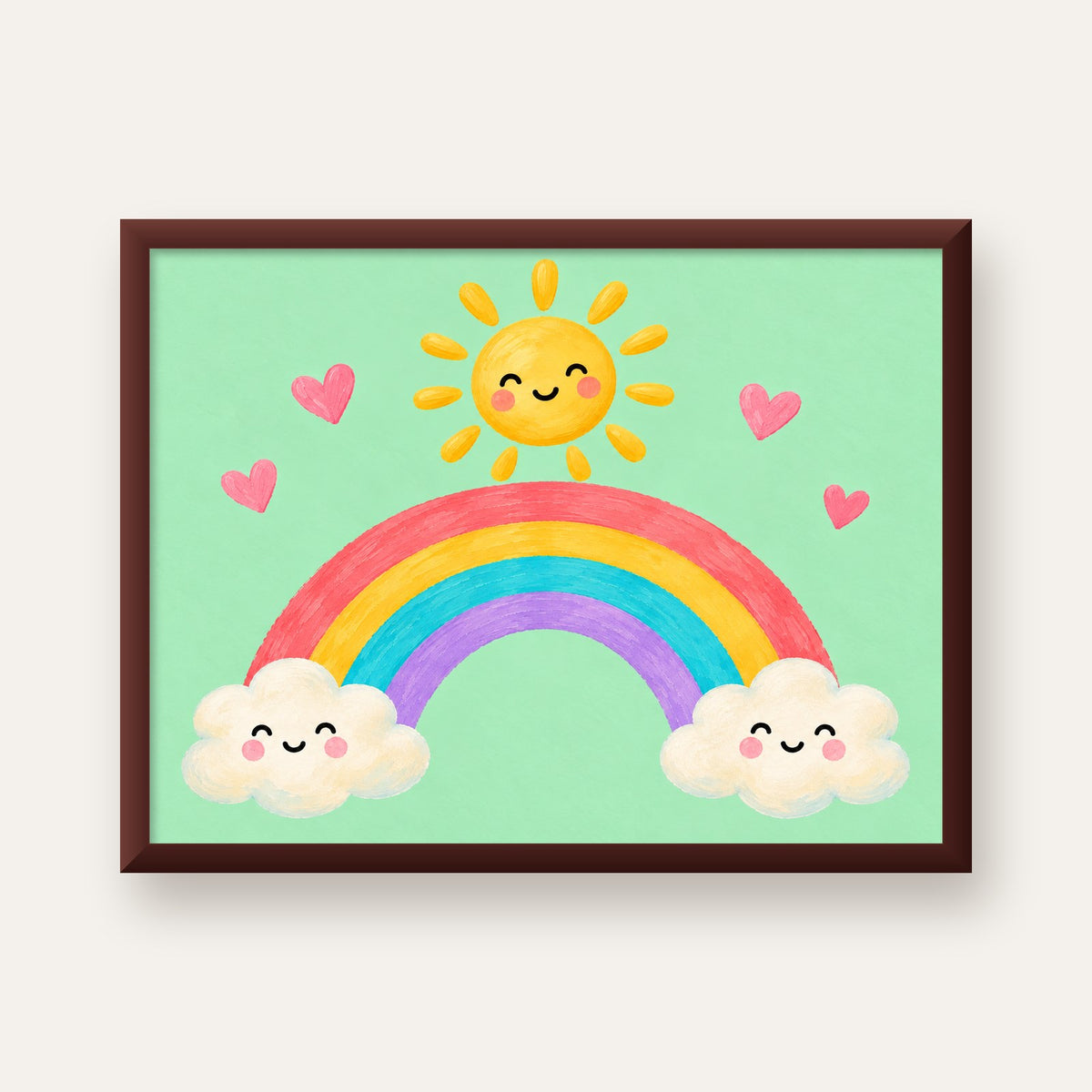 Sevimli Gökkuşağı ve Güneş Poster – Pastel Çocuk Odası Tablosu — ceviz çerçeveli