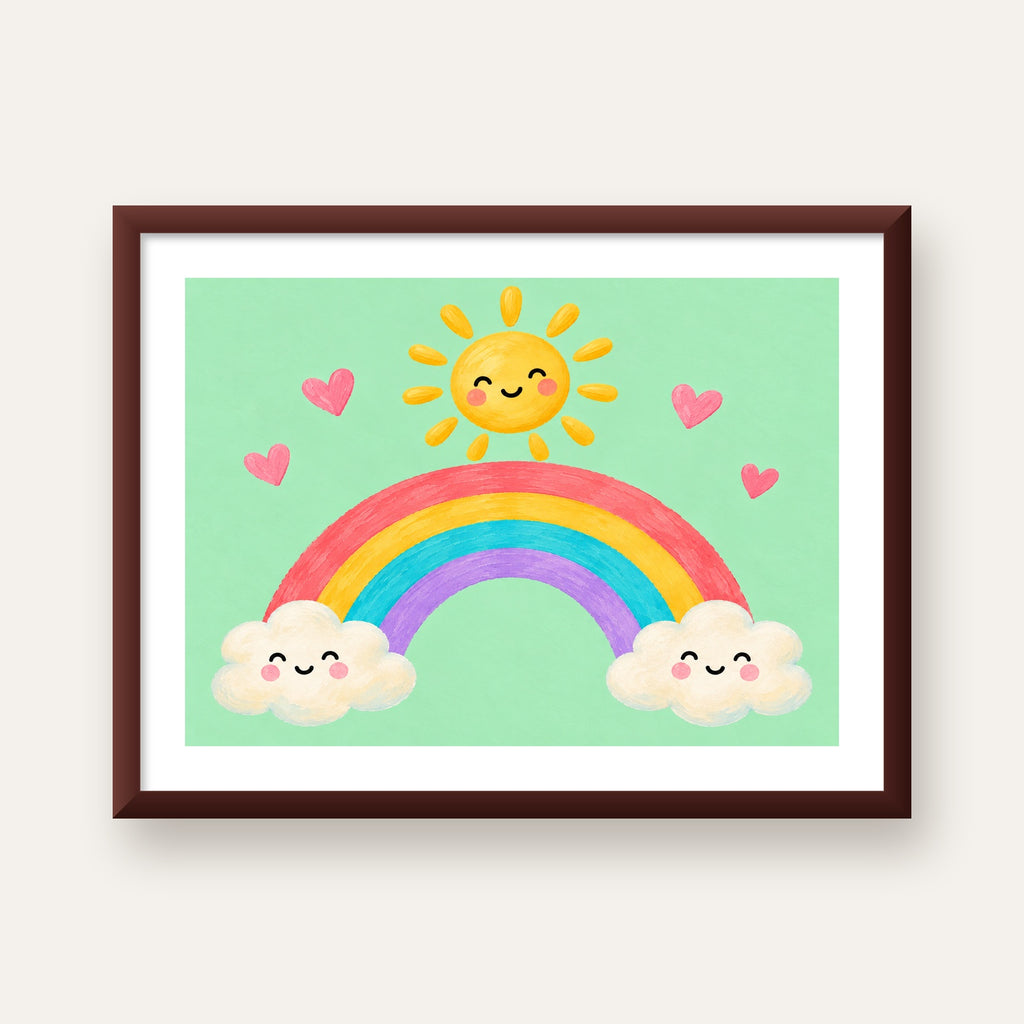 Sevimli Gökkuşağı ve Güneş Poster – Pastel Çocuk Odası Tablosu — ceviz çerçeveli paspartulu