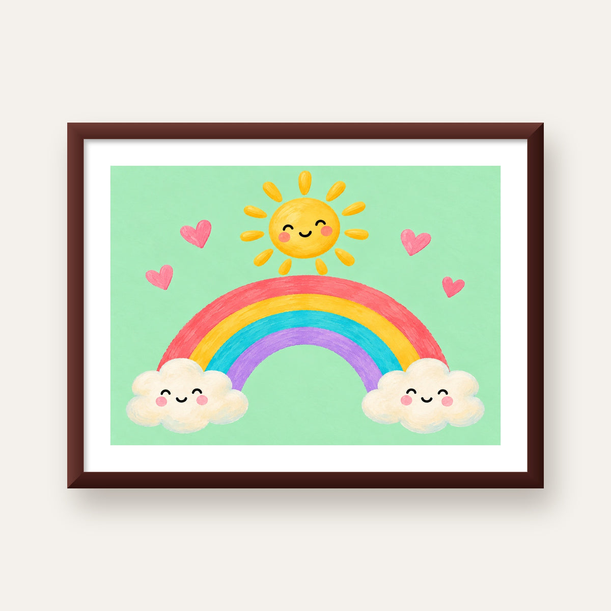 Sevimli Gökkuşağı ve Güneş Poster – Pastel Çocuk Odası Tablosu — ceviz çerçeveli paspartulu