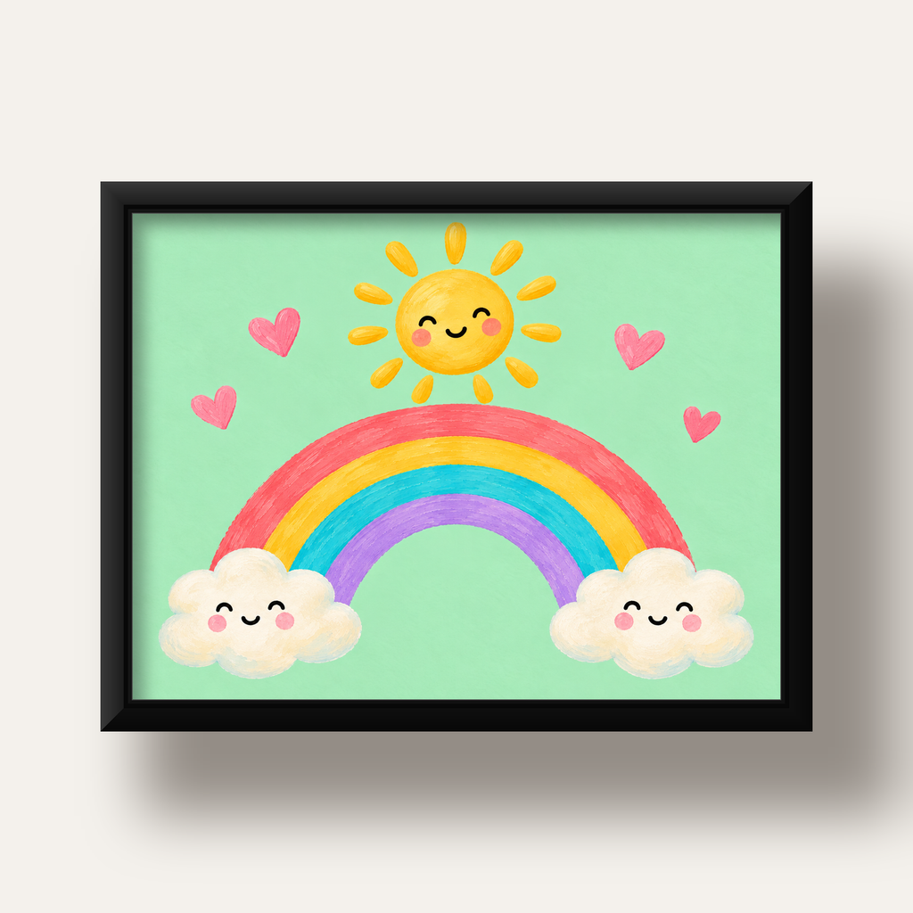 Sevimli Gökkuşağı ve Güneş Poster – Pastel Çocuk Odası Tablosu — siyah derin çerçeveli