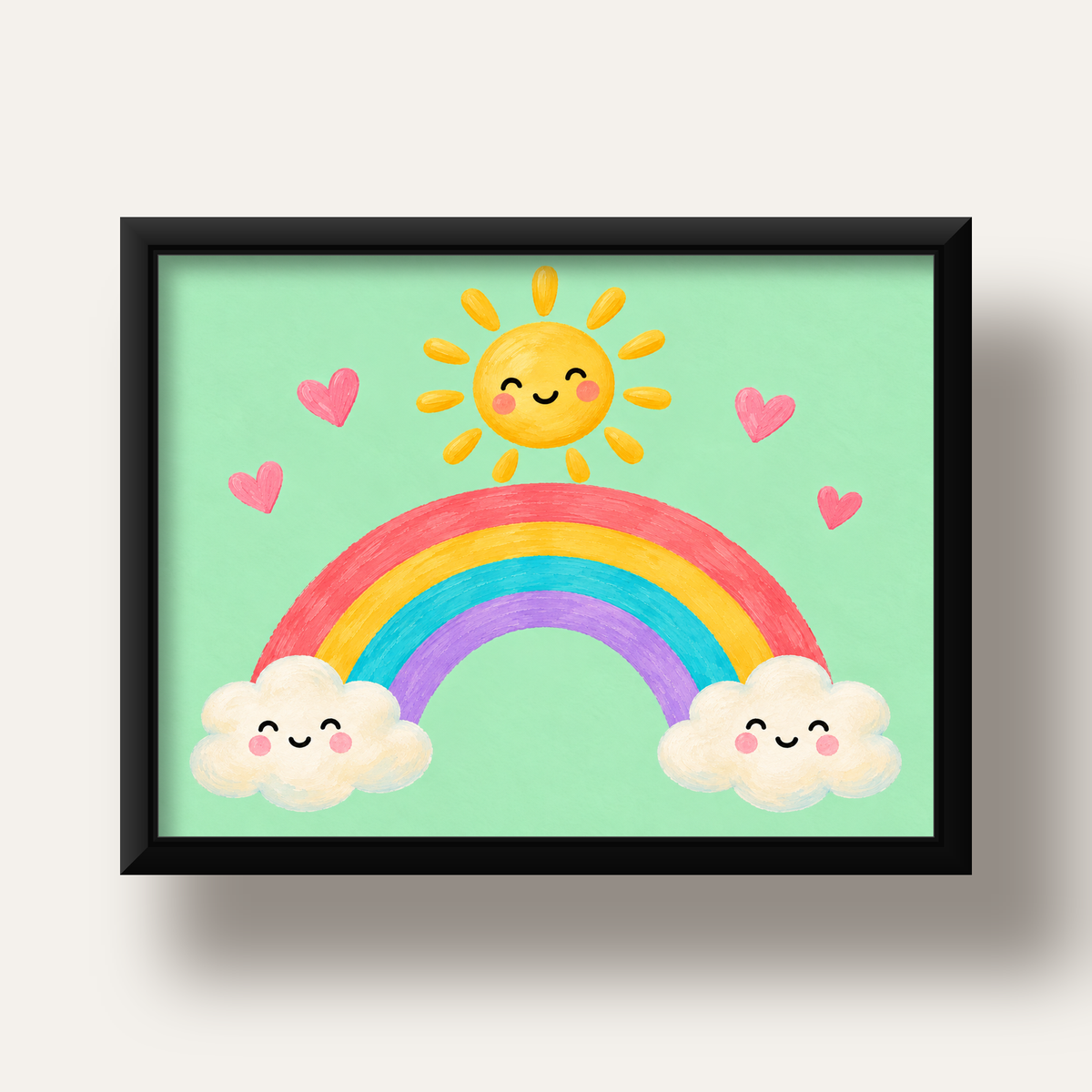 Sevimli Gökkuşağı ve Güneş Poster – Pastel Çocuk Odası Tablosu — siyah derin çerçeveli