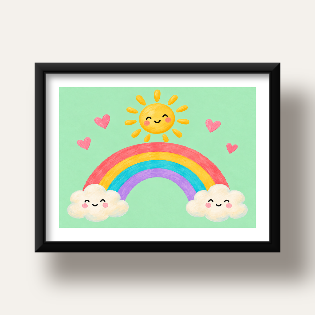 Sevimli Gökkuşağı ve Güneş Poster – Pastel Çocuk Odası Tablosu — siyah derin çerçeveli paspartulu