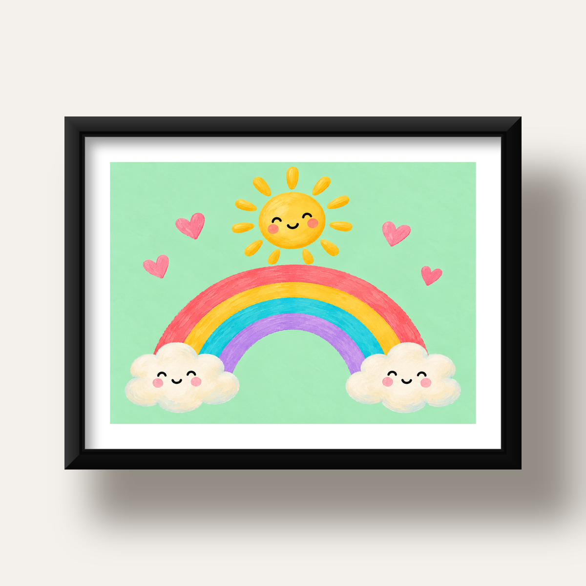 Sevimli Gökkuşağı ve Güneş Poster – Pastel Çocuk Odası Tablosu — siyah derin çerçeveli paspartulu