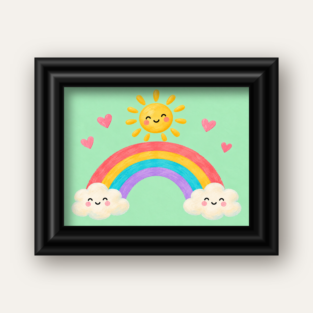 Sevimli Gökkuşağı ve Güneş Poster – Pastel Çocuk Odası Tablosu — siyah galeri çerçeveli