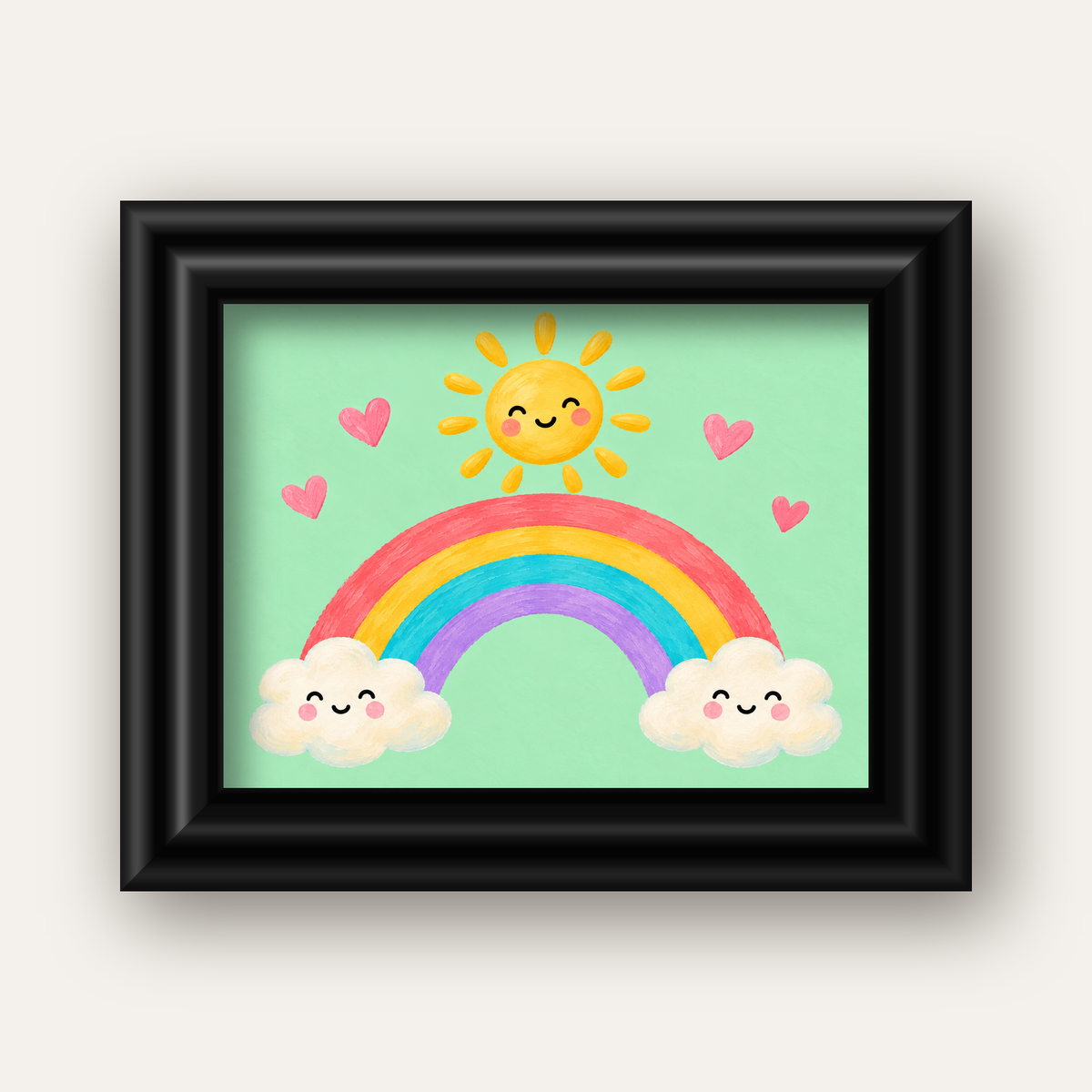 Sevimli Gökkuşağı ve Güneş Poster – Pastel Çocuk Odası Tablosu — siyah galeri çerçeveli