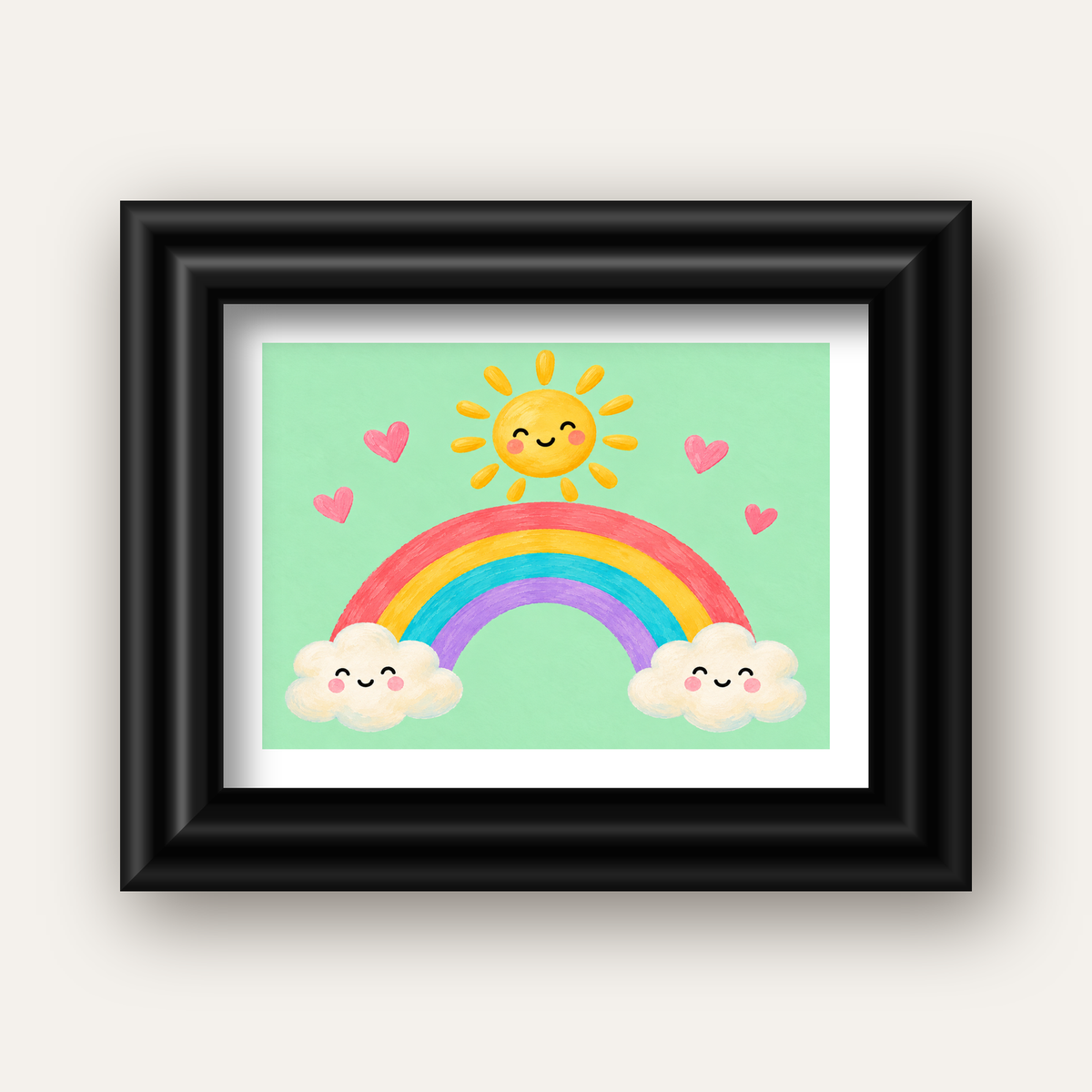 Sevimli Gökkuşağı ve Güneş Poster – Pastel Çocuk Odası Tablosu — siyah galeri çerçeveli paspartulu