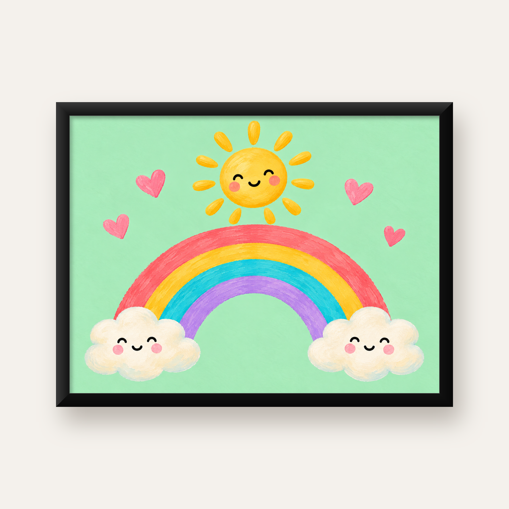 Sevimli Gökkuşağı ve Güneş Poster – Pastel Çocuk Odası Tablosu — Yatay baskı, düz siyah çerçeveli duvar posteri