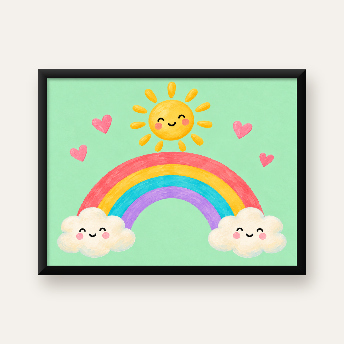 Sevimli Gökkuşağı ve Güneş Poster – Pastel Çocuk Odası Tablosu — Yatay baskı, düz siyah çerçeveli duvar posteri
