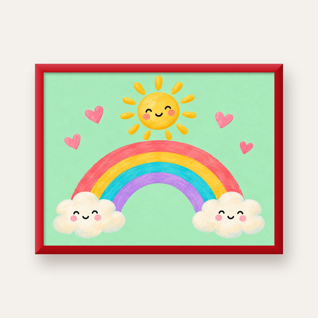 Sevimli Gökkuşağı ve Güneş Poster – Pastel Çocuk Odası Tablosu — kırmızı çerçeveli