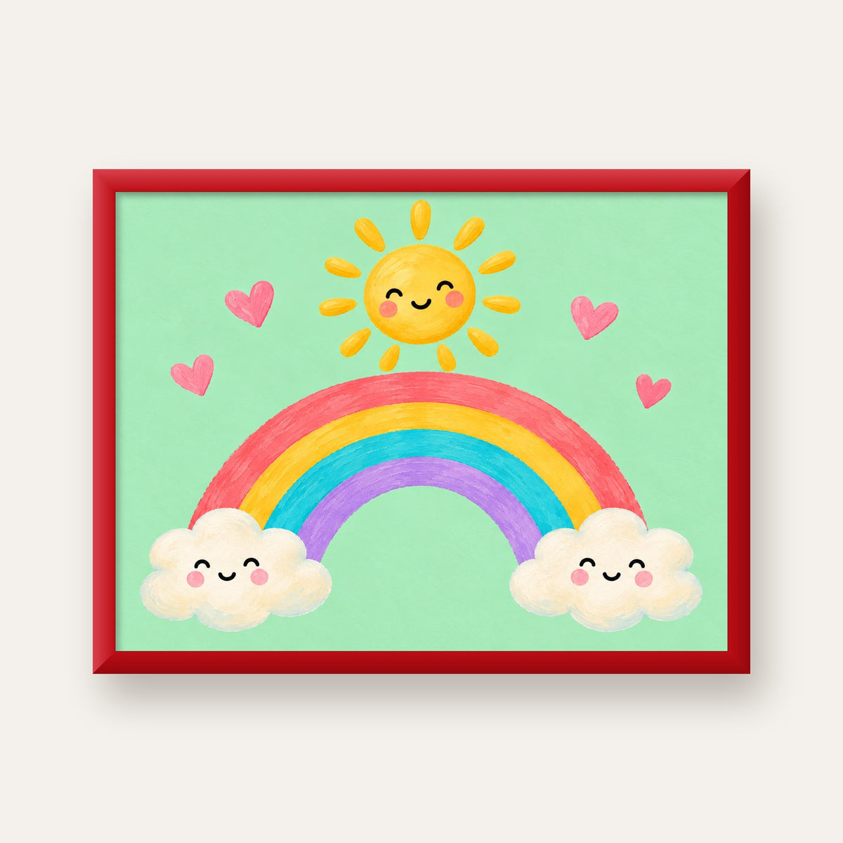 Sevimli Gökkuşağı ve Güneş Poster – Pastel Çocuk Odası Tablosu — kırmızı çerçeveli
