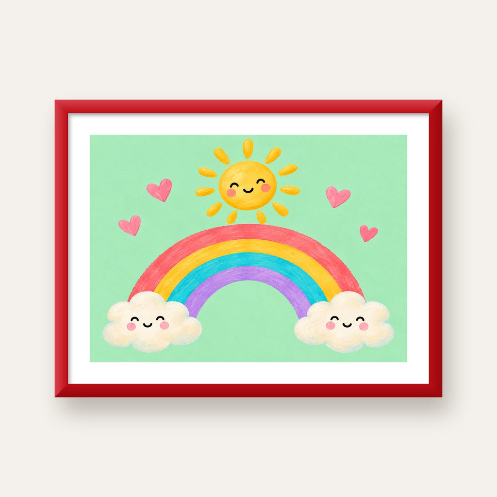 Sevimli Gökkuşağı ve Güneş Poster – Pastel Çocuk Odası Tablosu — kırmızı çerçeveli paspartulu