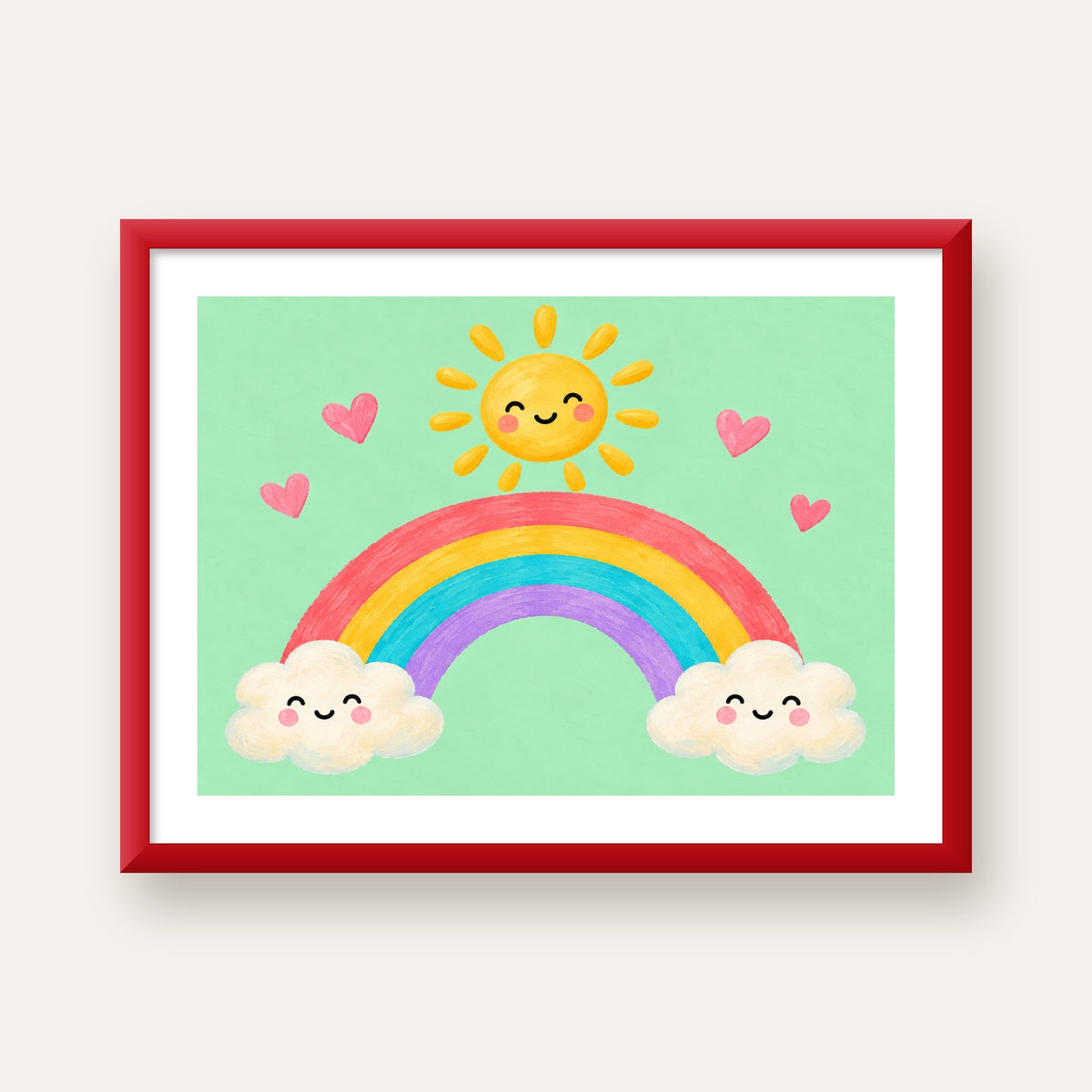 Sevimli Gökkuşağı ve Güneş Poster – Pastel Çocuk Odası Tablosu — kırmızı çerçeveli paspartulu