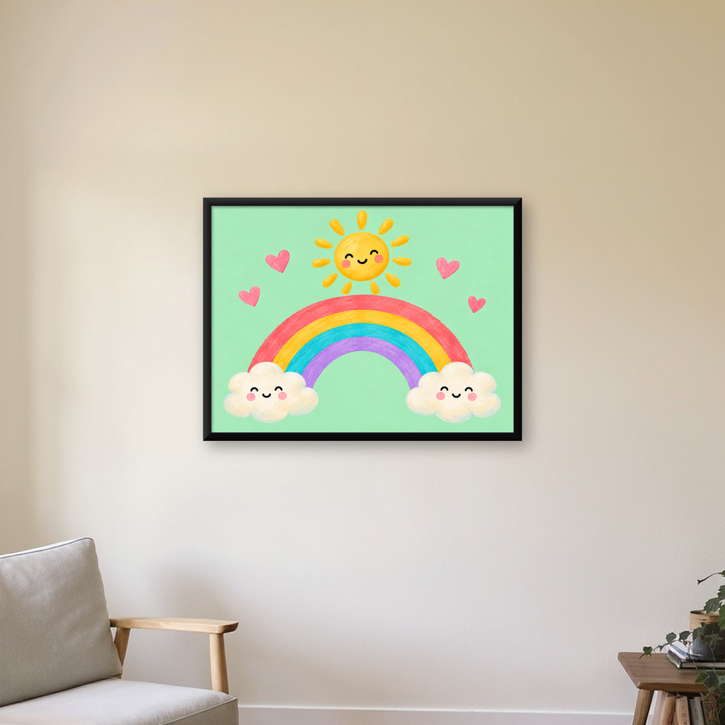 Sevimli Gökkuşağı ve Güneş Poster – Pastel Çocuk Odası Tablosu — Yatay baskı, çerçeveli hâliyle bir ev duvarında