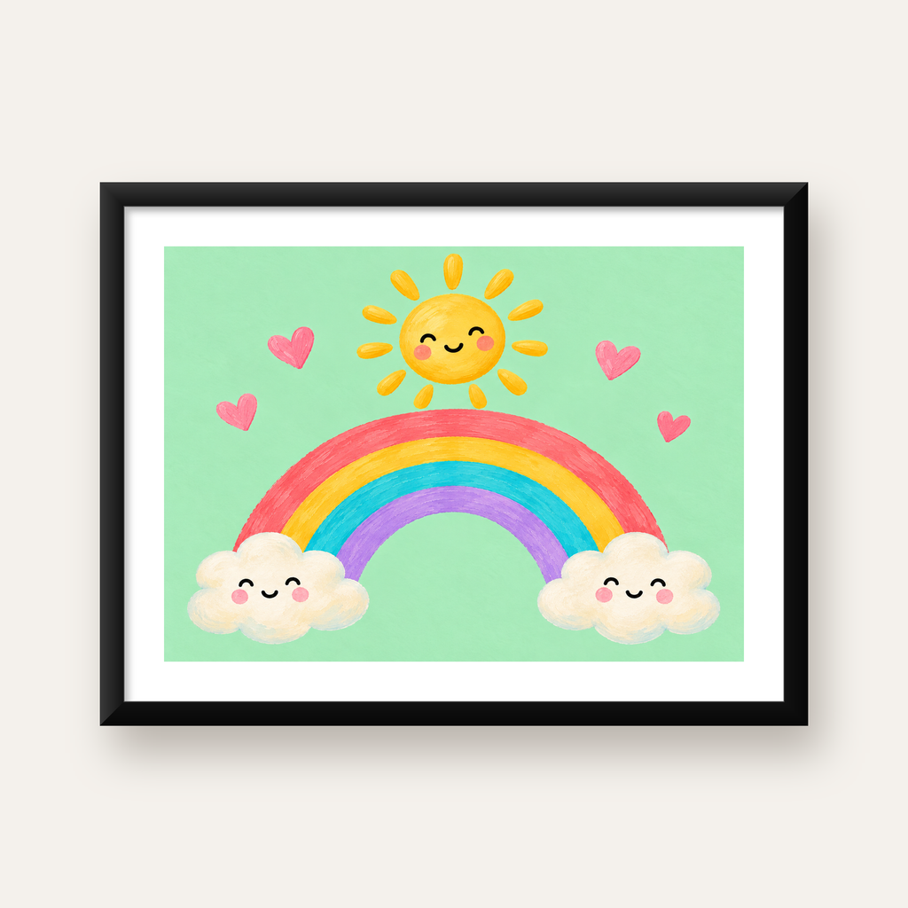 Sevimli Gökkuşağı ve Güneş Poster – Pastel Çocuk Odası Tablosu — Yatay baskı, beyaz paspartulu