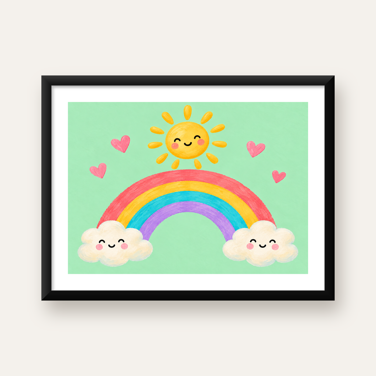 Sevimli Gökkuşağı ve Güneş Poster – Pastel Çocuk Odası Tablosu — Yatay baskı, beyaz paspartulu