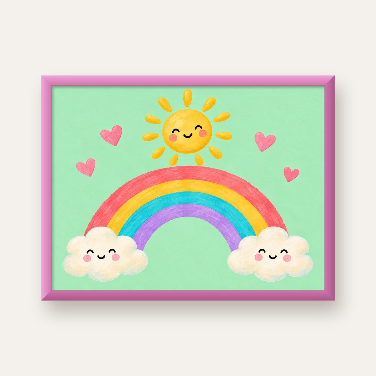 Sevimli Gökkuşağı ve Güneş Poster – Pastel Çocuk Odası Tablosu — pembe çerçeveli