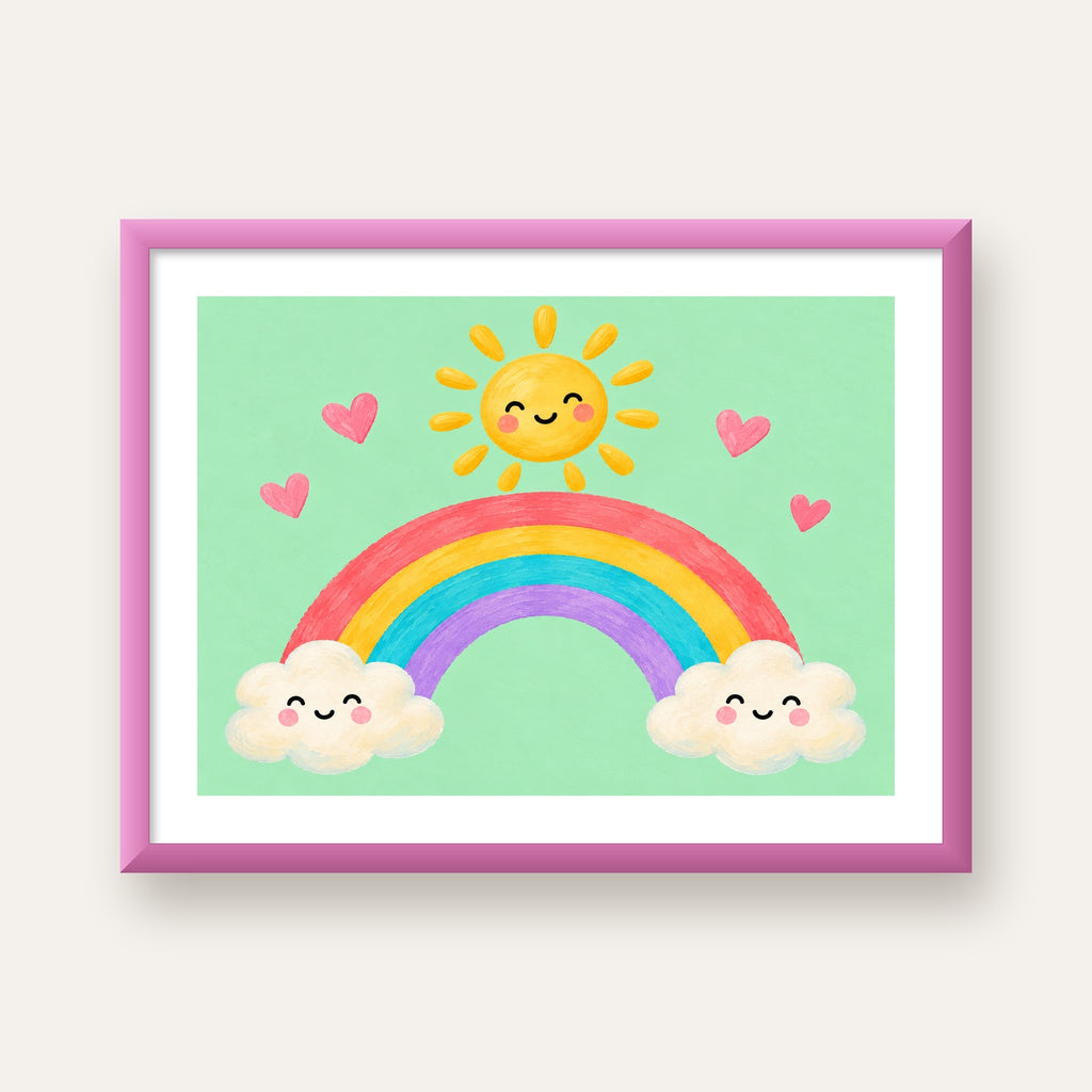 Sevimli Gökkuşağı ve Güneş Poster – Pastel Çocuk Odası Tablosu — pembe çerçeveli paspartulu