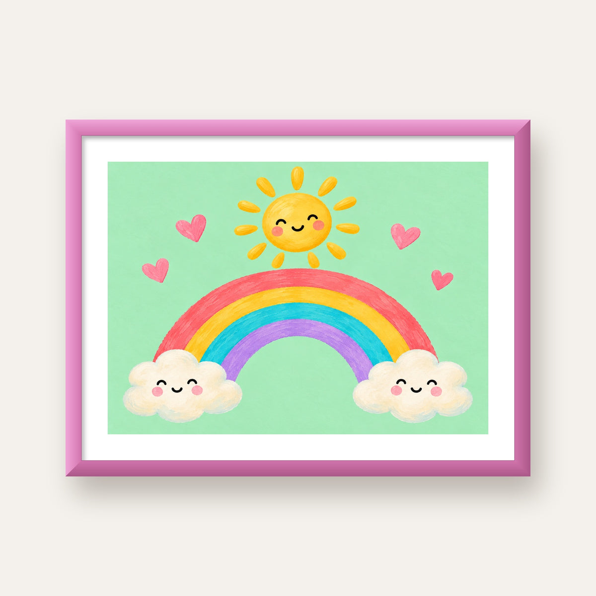 Sevimli Gökkuşağı ve Güneş Poster – Pastel Çocuk Odası Tablosu — pembe çerçeveli paspartulu