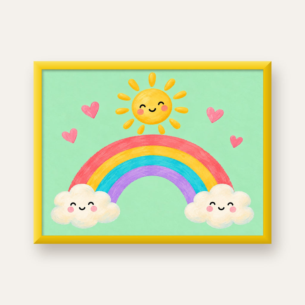 Sevimli Gökkuşağı ve Güneş Poster – Pastel Çocuk Odası Tablosu — sarı çerçeveli
