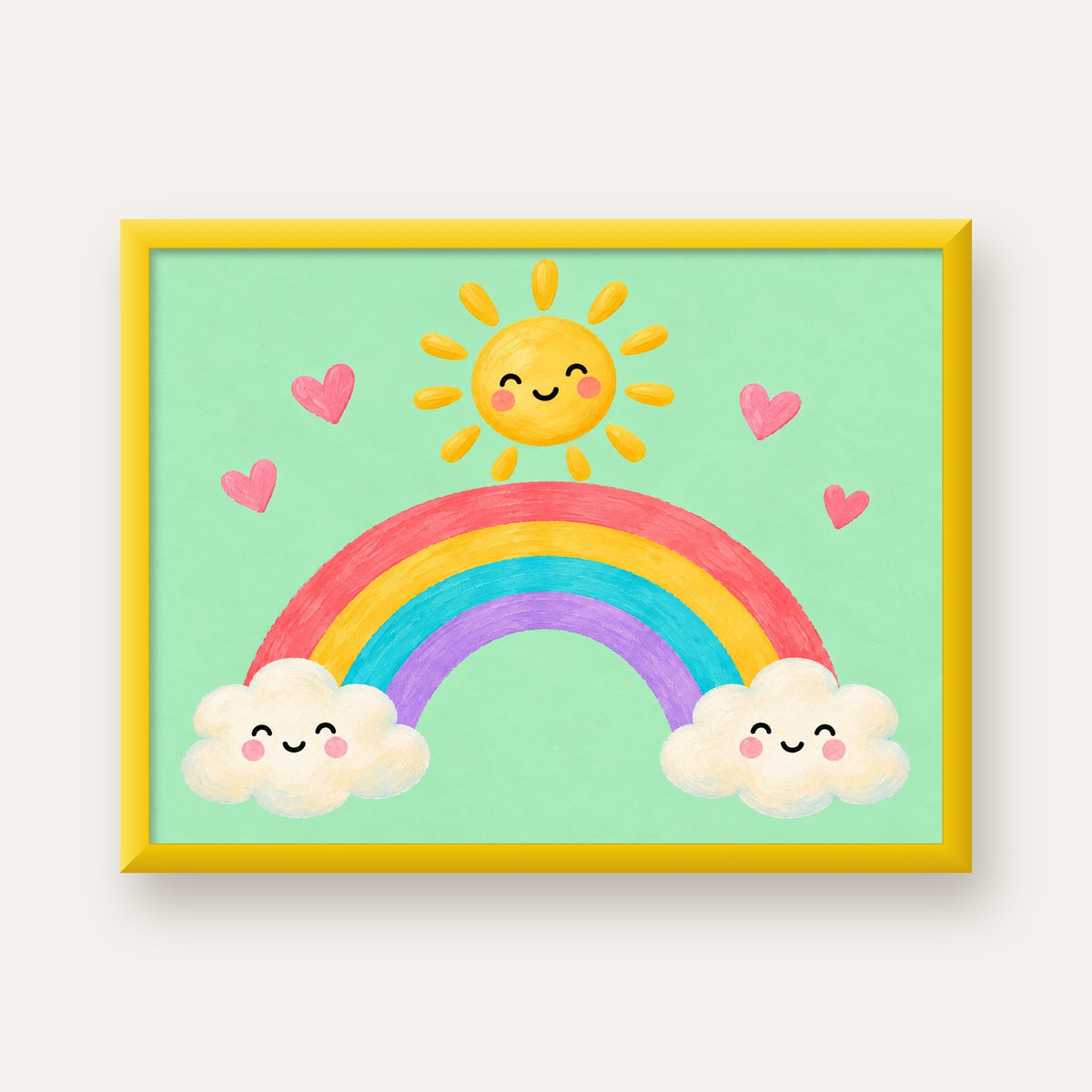 Sevimli Gökkuşağı ve Güneş Poster – Pastel Çocuk Odası Tablosu — sarı çerçeveli