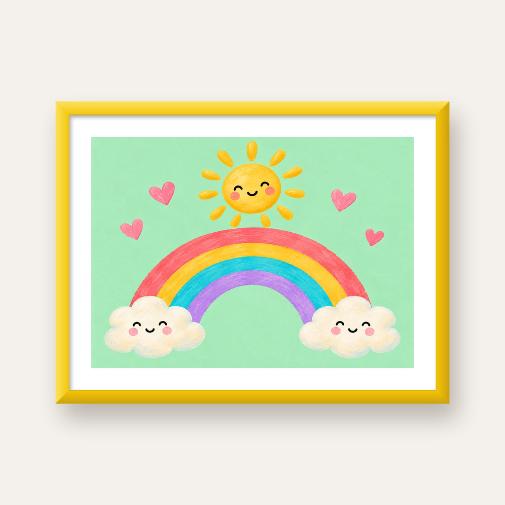 Sevimli Gökkuşağı ve Güneş Poster – Pastel Çocuk Odası Tablosu — sarı çerçeveli paspartulu