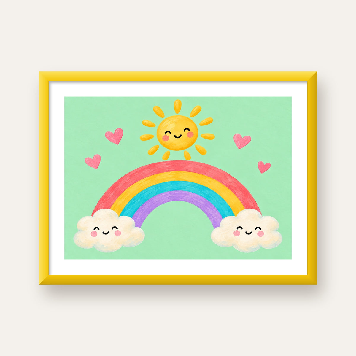 Sevimli Gökkuşağı ve Güneş Poster – Pastel Çocuk Odası Tablosu — sarı çerçeveli paspartulu