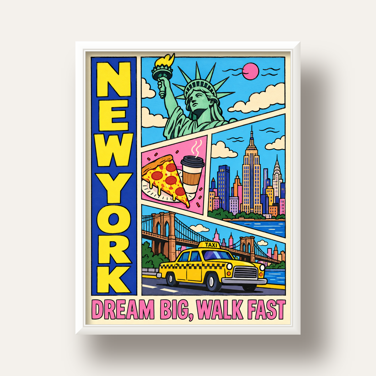 New York Pop-Art Poster – Renkli Şehir İllüstrasyonu — beyaz derin çerçeveli