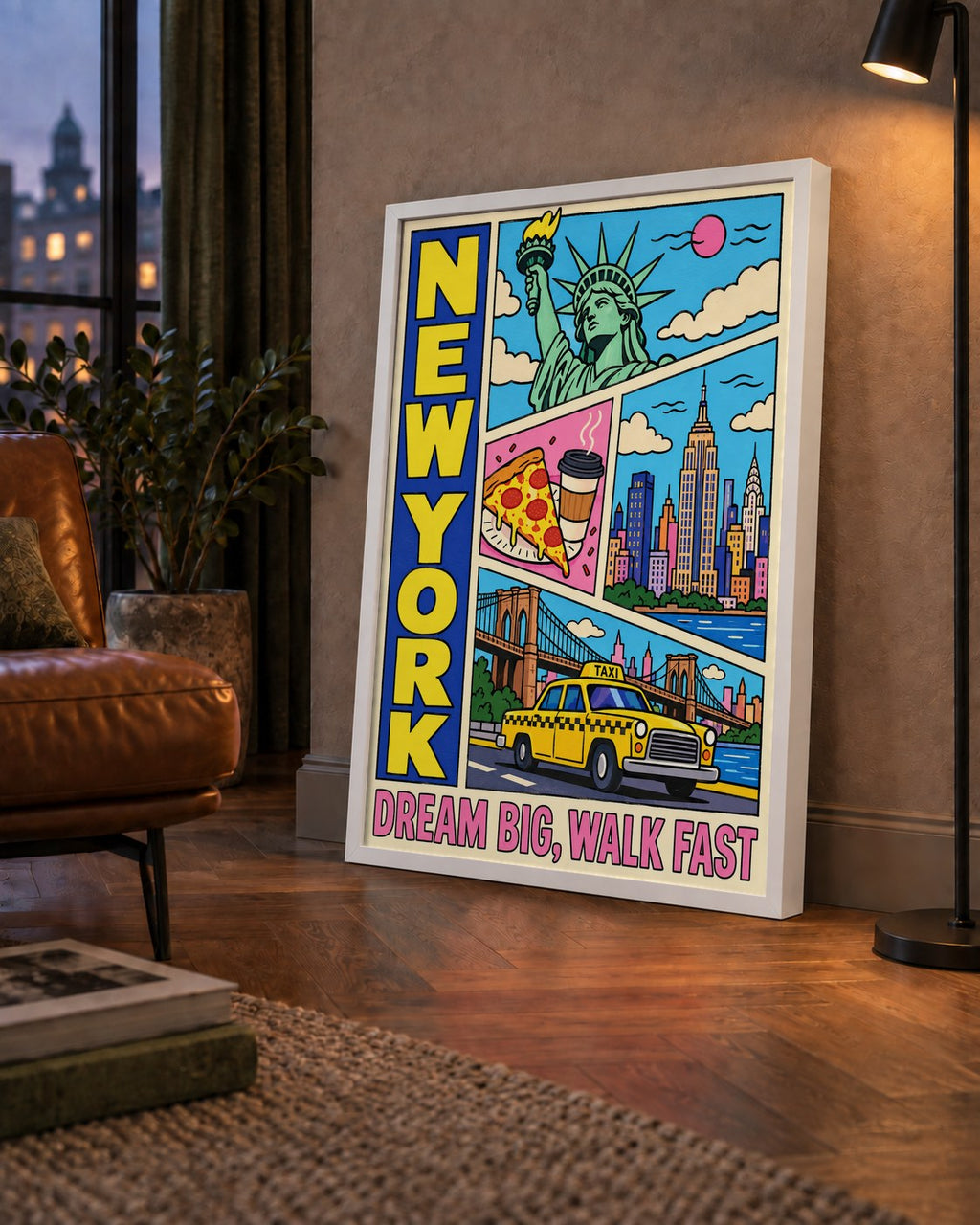 New York Pop-Art Poster – Renkli Şehir İllüstrasyonu — çerçeveli hâliyle bir ev duvarında