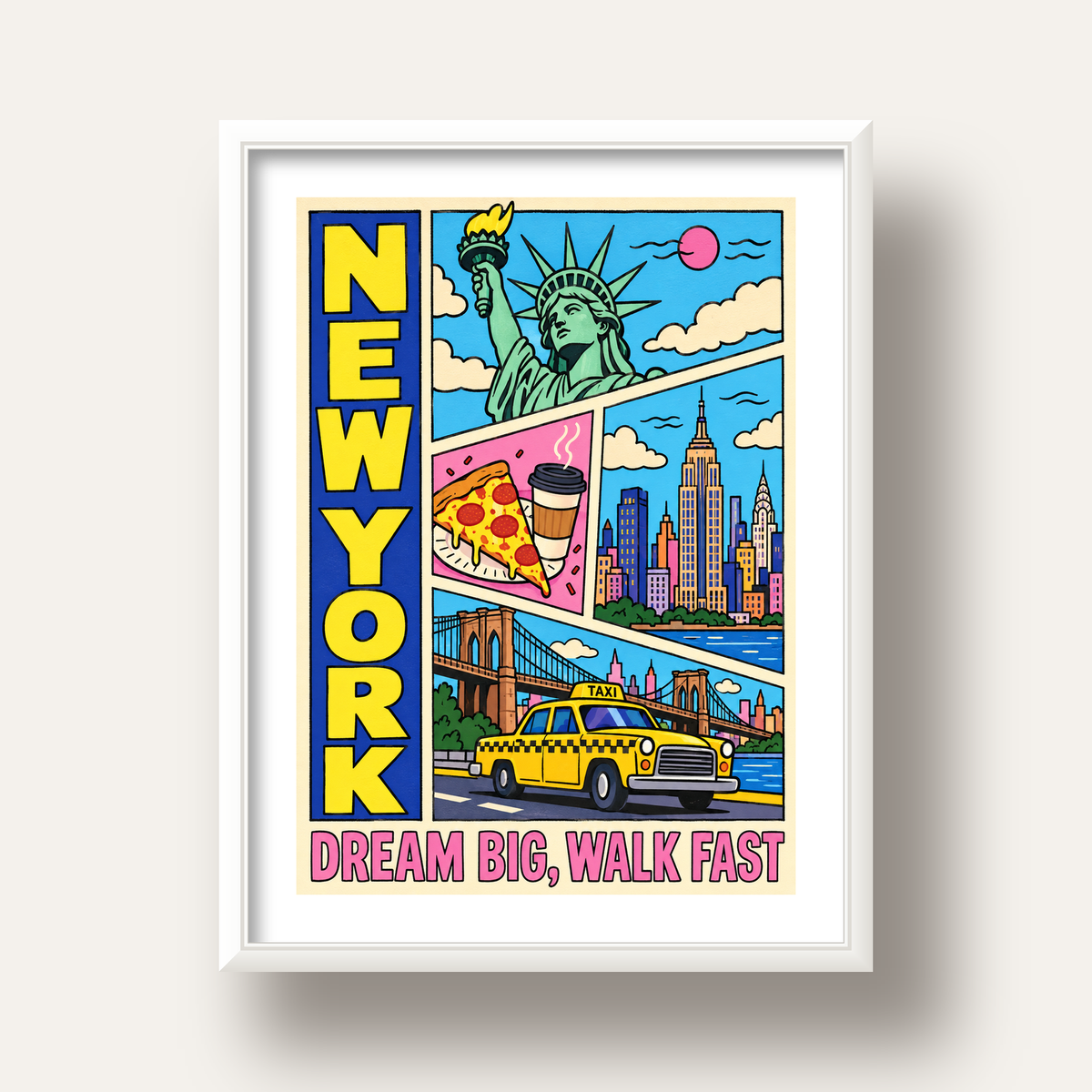 New York Pop-Art Poster – Renkli Şehir İllüstrasyonu — beyaz derin çerçeveli paspartulu