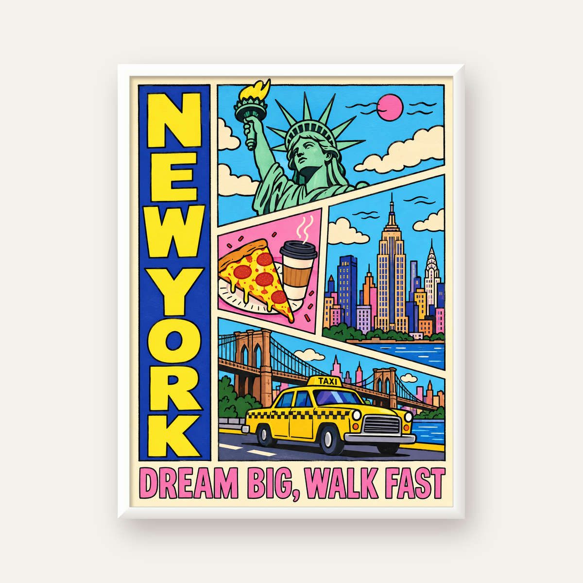 New York Pop-Art Poster – Renkli Şehir İllüstrasyonu — beyaz çerçeveli dikey poster