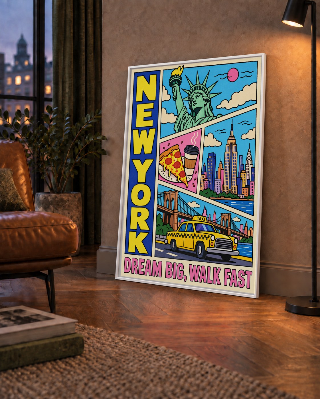 New York Pop-Art Poster – Renkli Şehir İllüstrasyonu — çerçeveli hâliyle bir ev duvarında