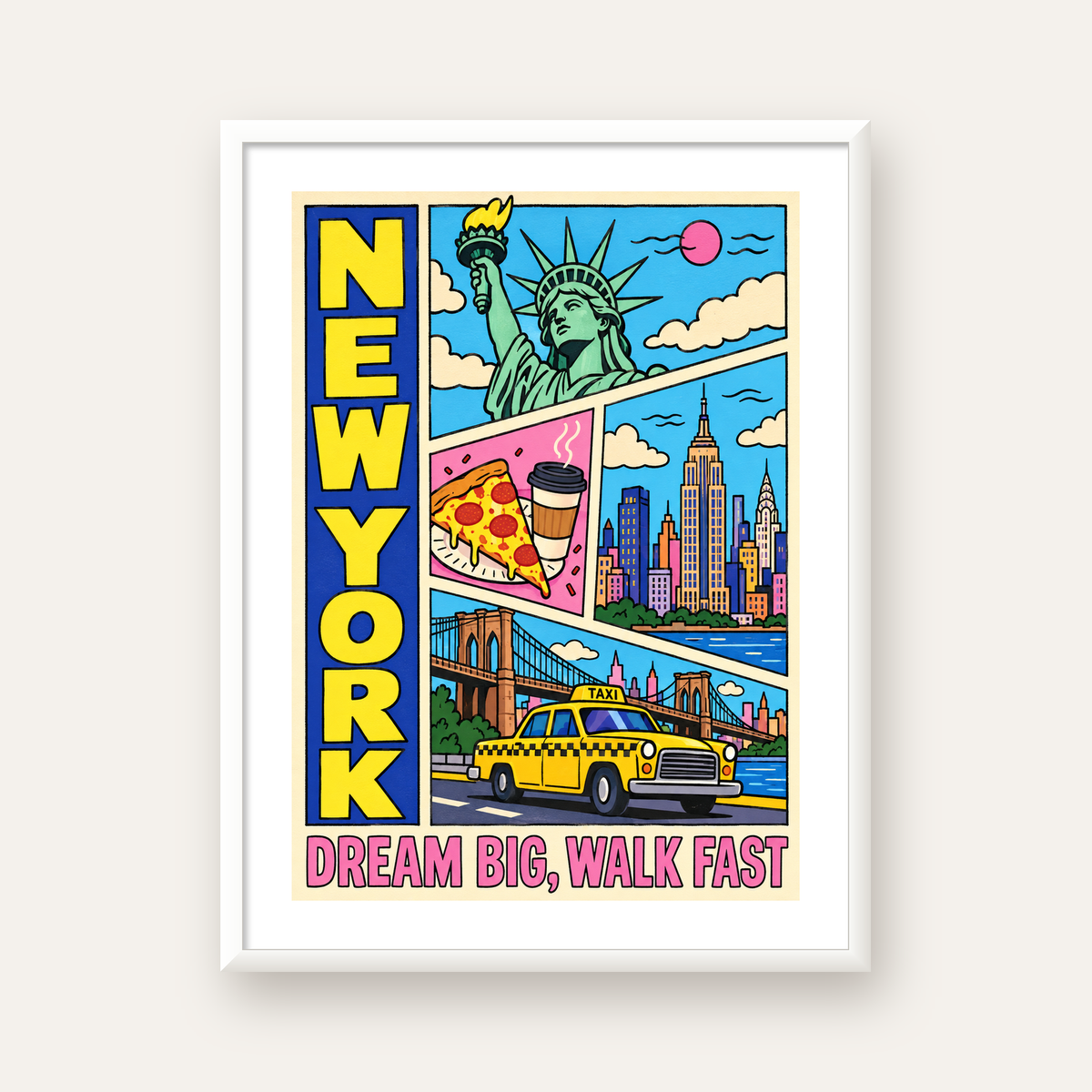 New York Pop-Art Poster – Renkli Şehir İllüstrasyonu — beyaz çerçeveli dikey poster