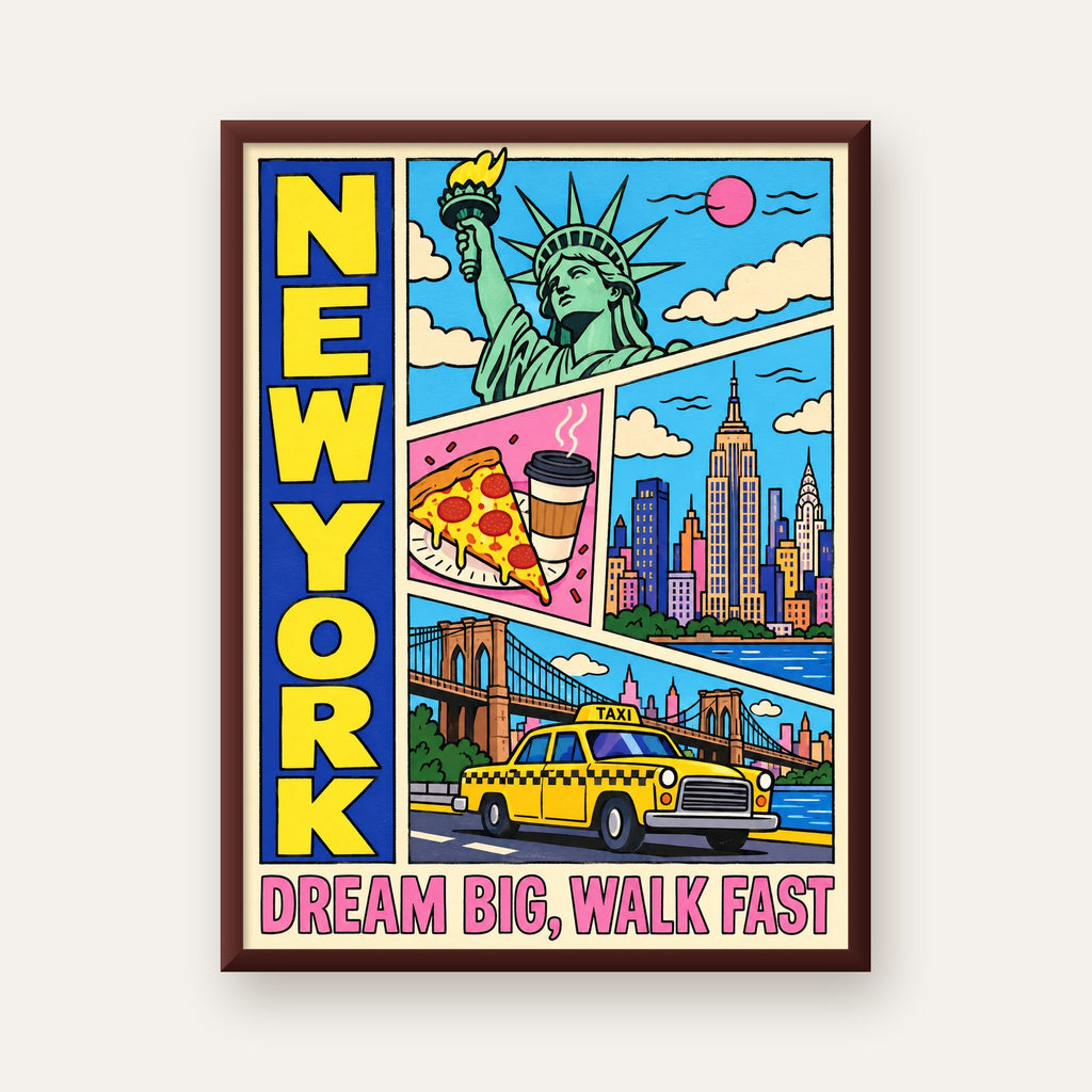 New York Pop-Art Poster – Renkli Şehir İllüstrasyonu — ceviz çerçeveli