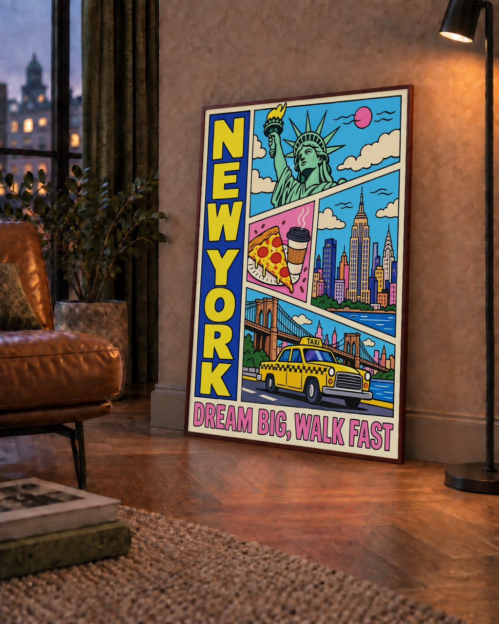 New York Pop-Art Poster – Renkli Şehir İllüstrasyonu — çerçeveli hâliyle bir ev duvarında