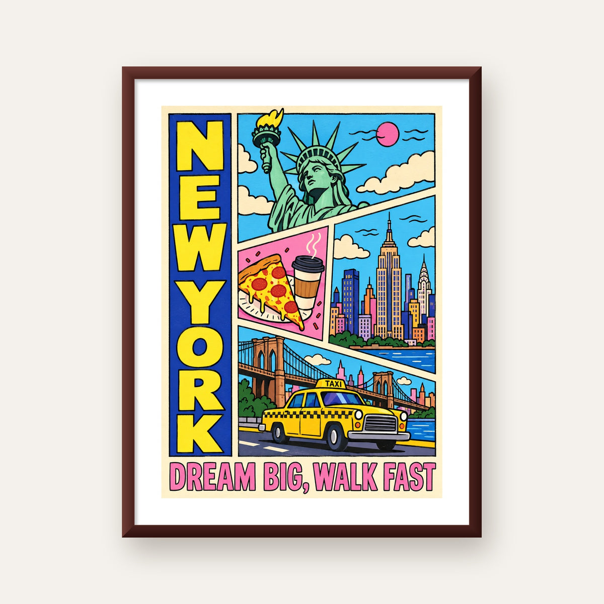New York Pop-Art Poster – Renkli Şehir İllüstrasyonu — ceviz çerçeveli paspartulu
